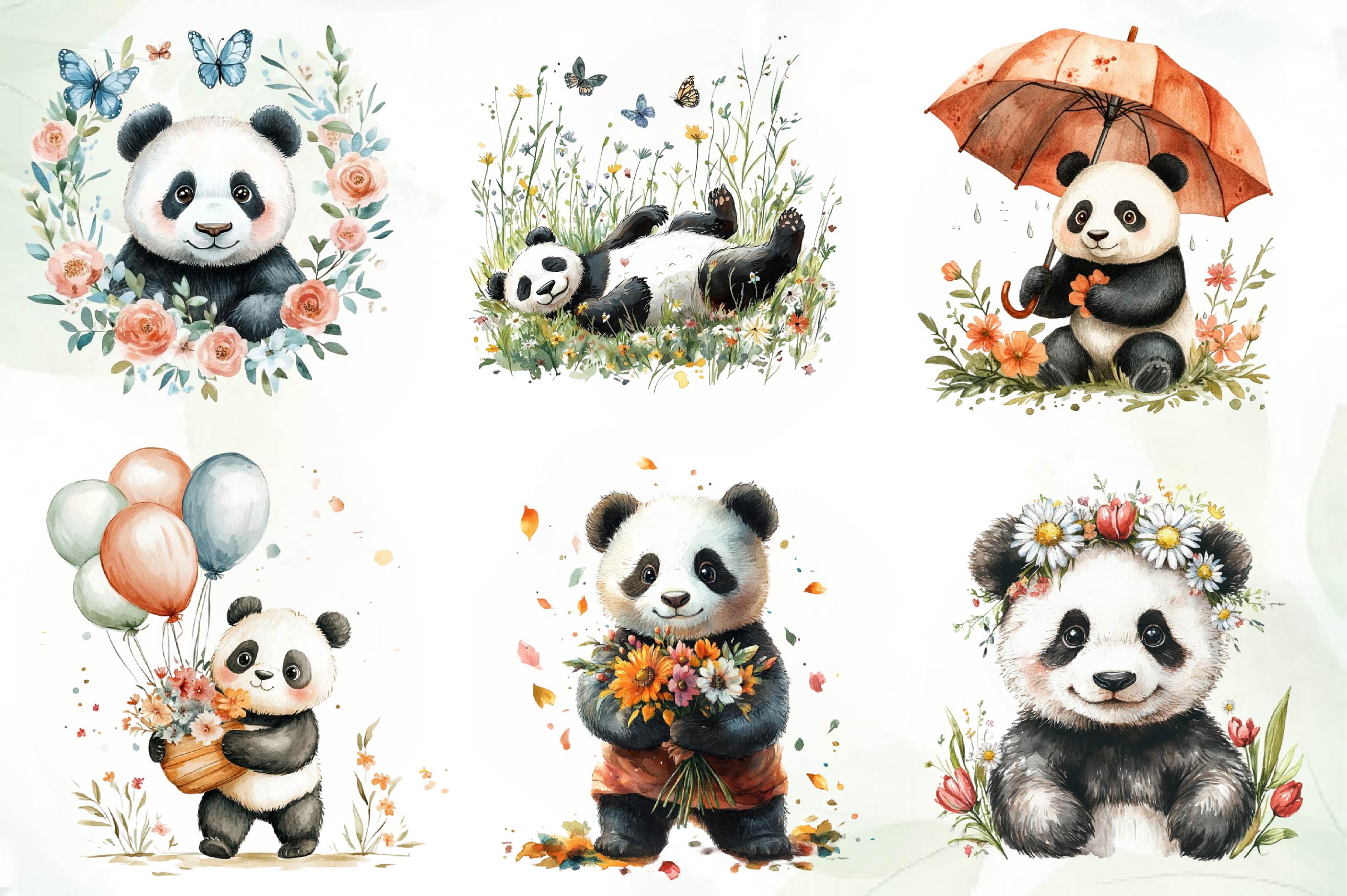 Cute Spring Panda Clipart Bundle