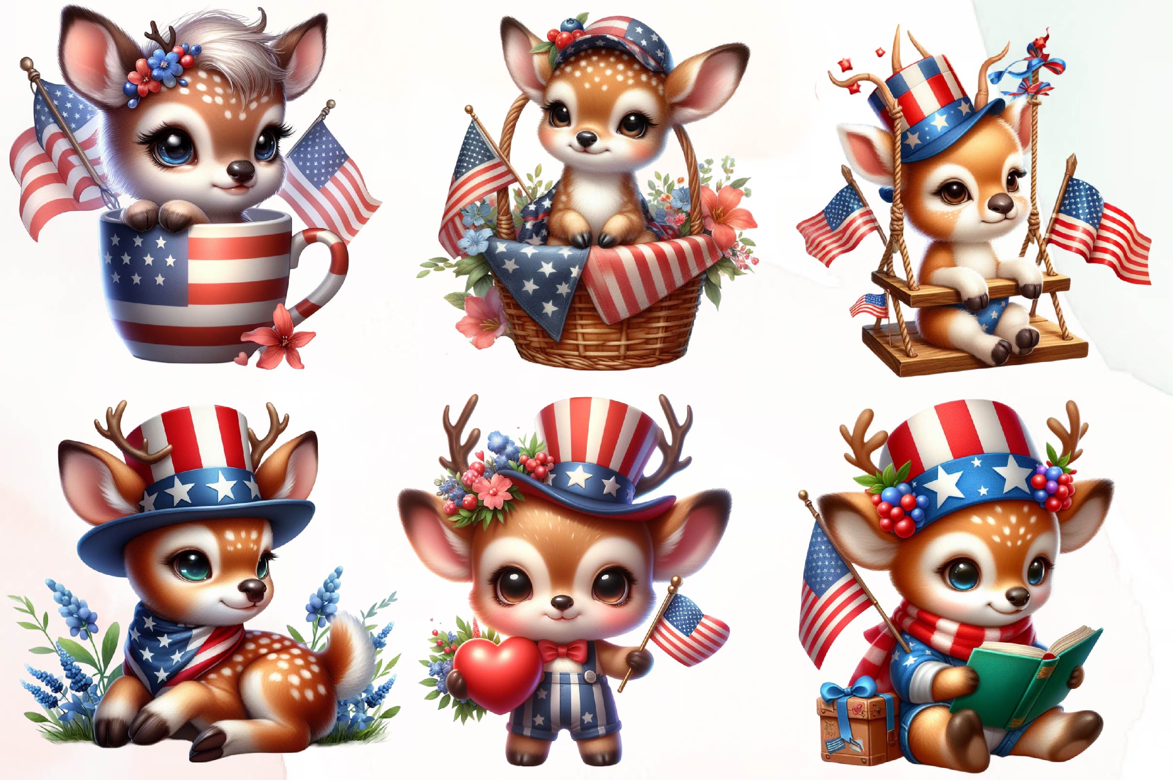 Patriotic Cute Deer Clipart Bundle