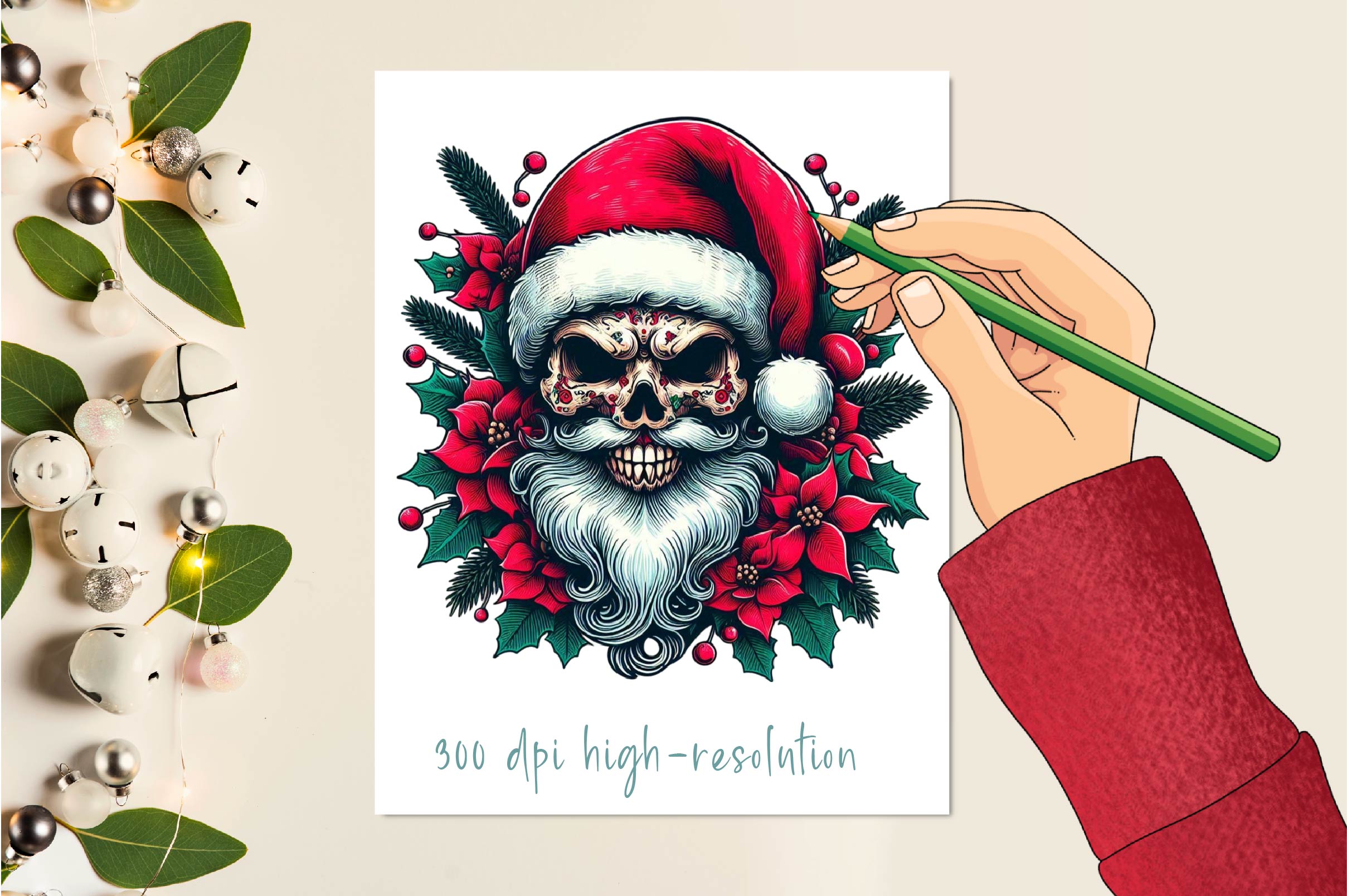 Christmas Vintage Santa Floral Skull Clipart Bundle
