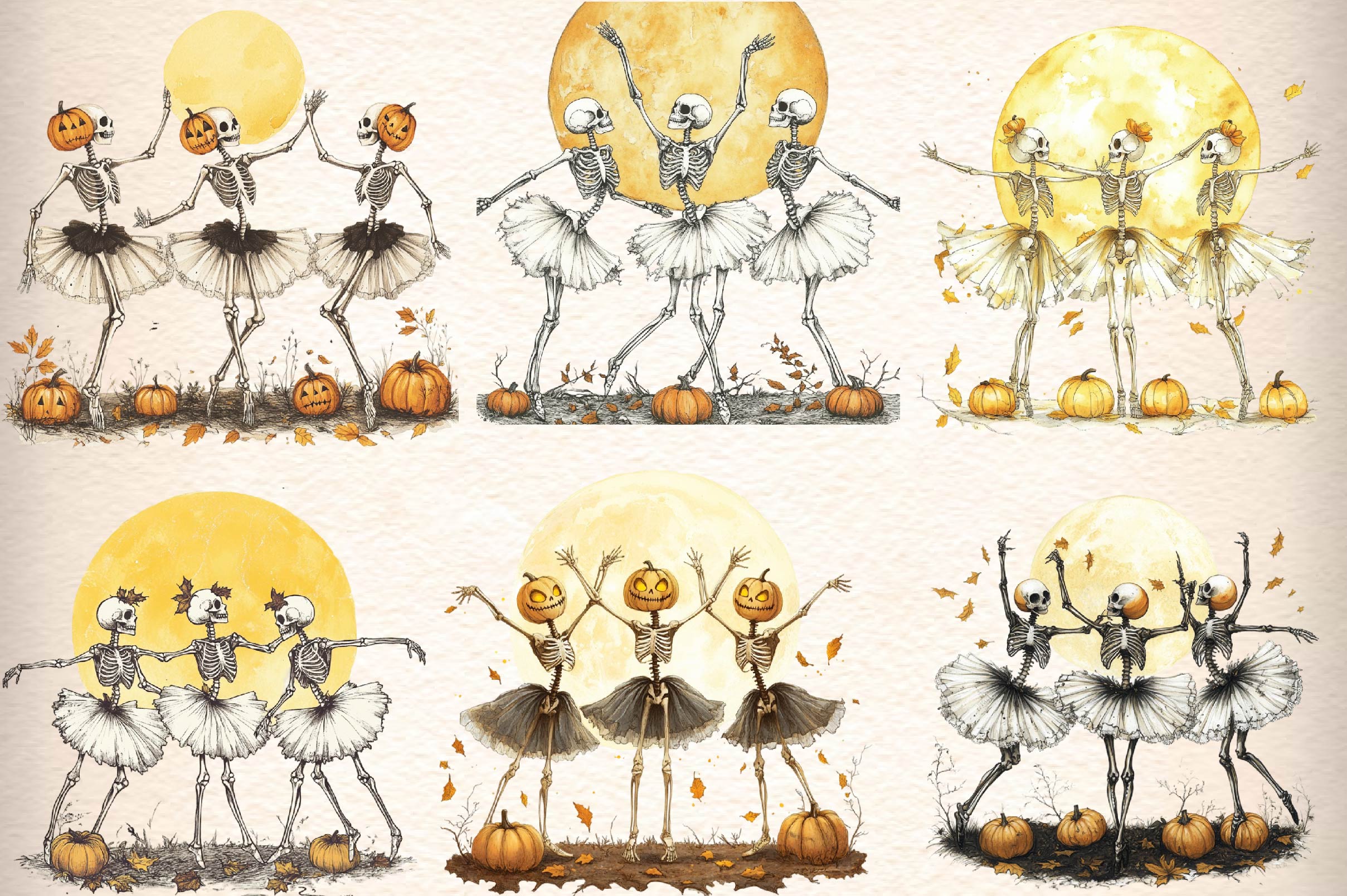 Autumn Dancing Skeleton Clipart Bundle