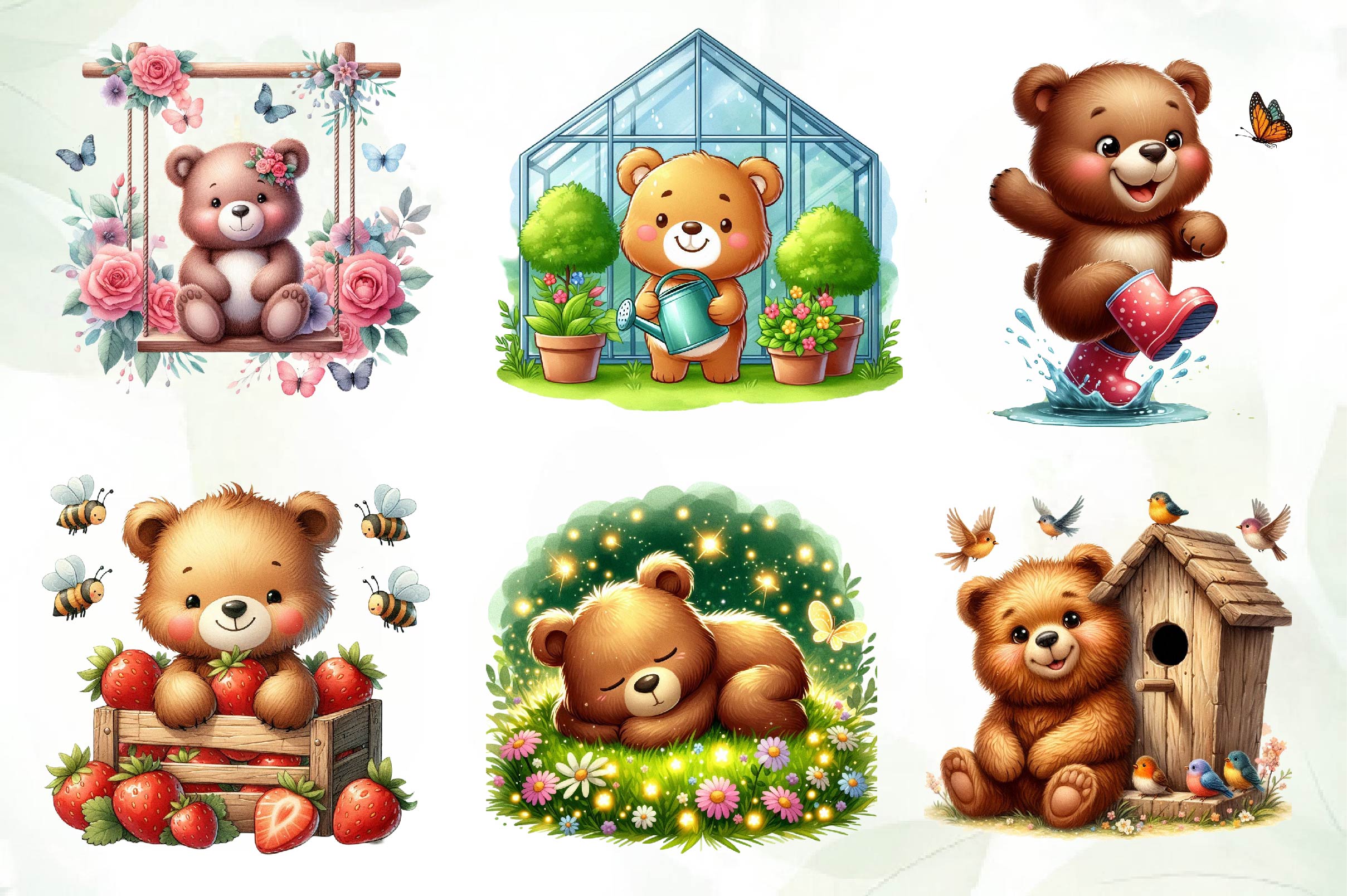 Cute Garden Bear Clipart Bundle