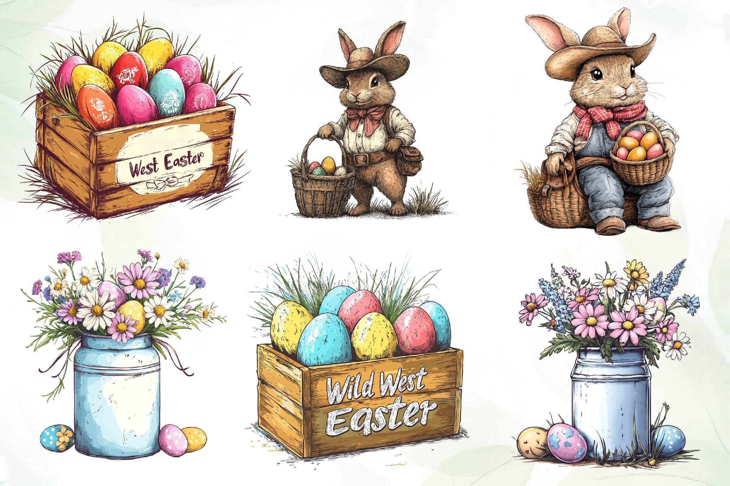 Vintage Pink Easter Western Clipart Bundle 1