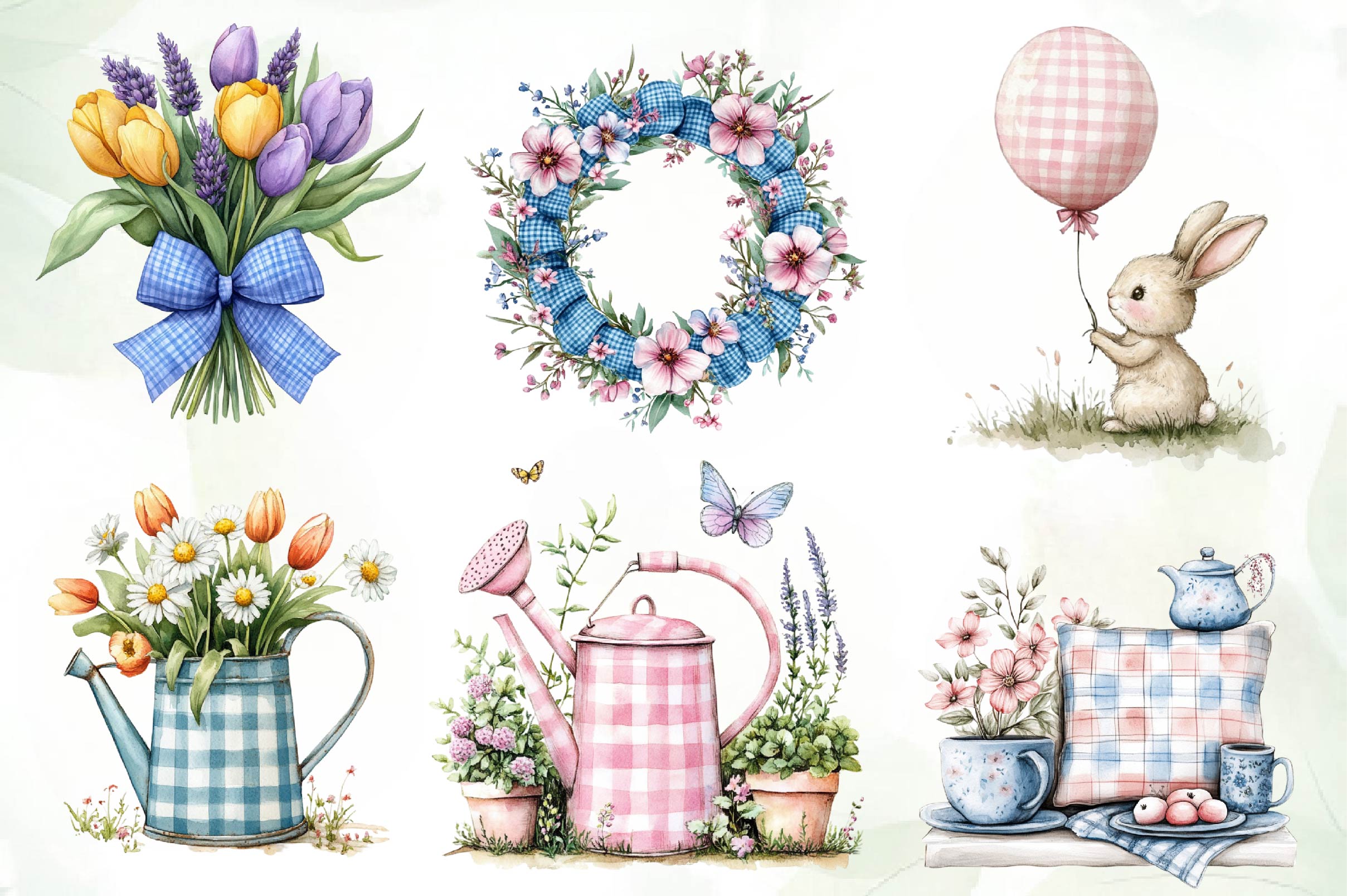 Blue & Pink Gingham Spring Clipart Bundle
