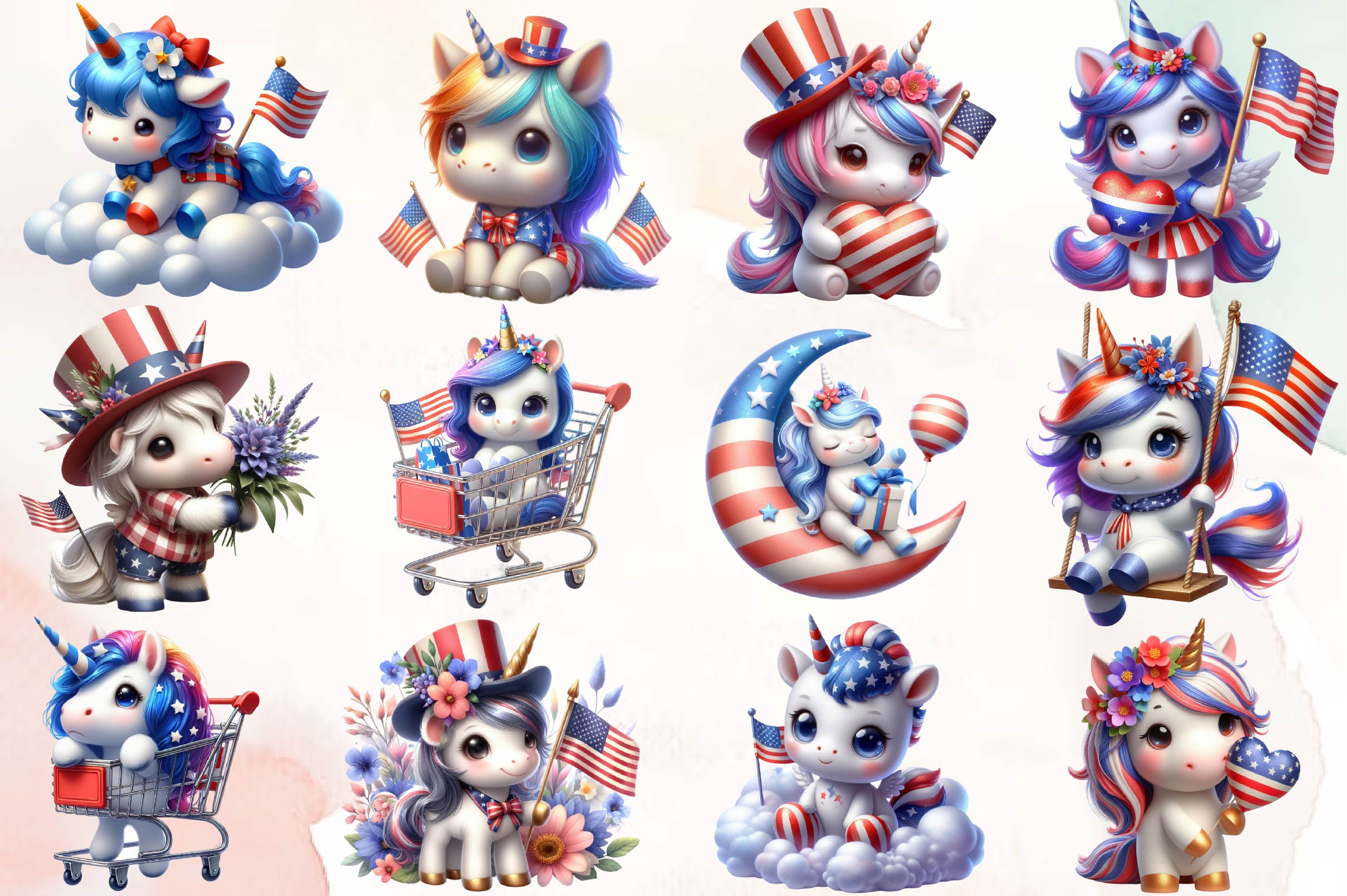 American Flag Unicorn Clipart Bundle