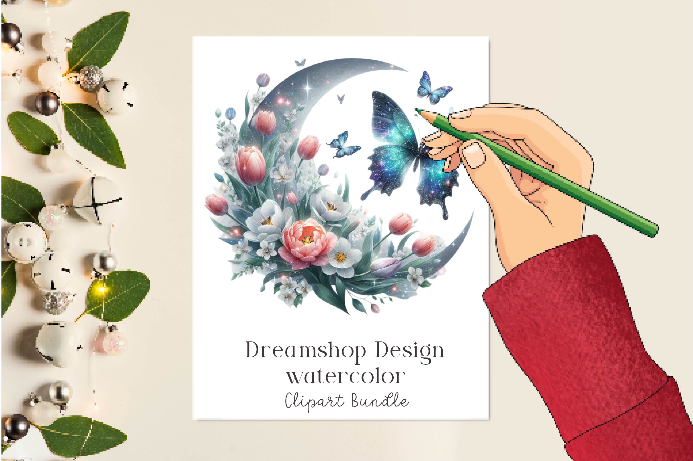Butterfly With Floral Moon Clipart Bundle