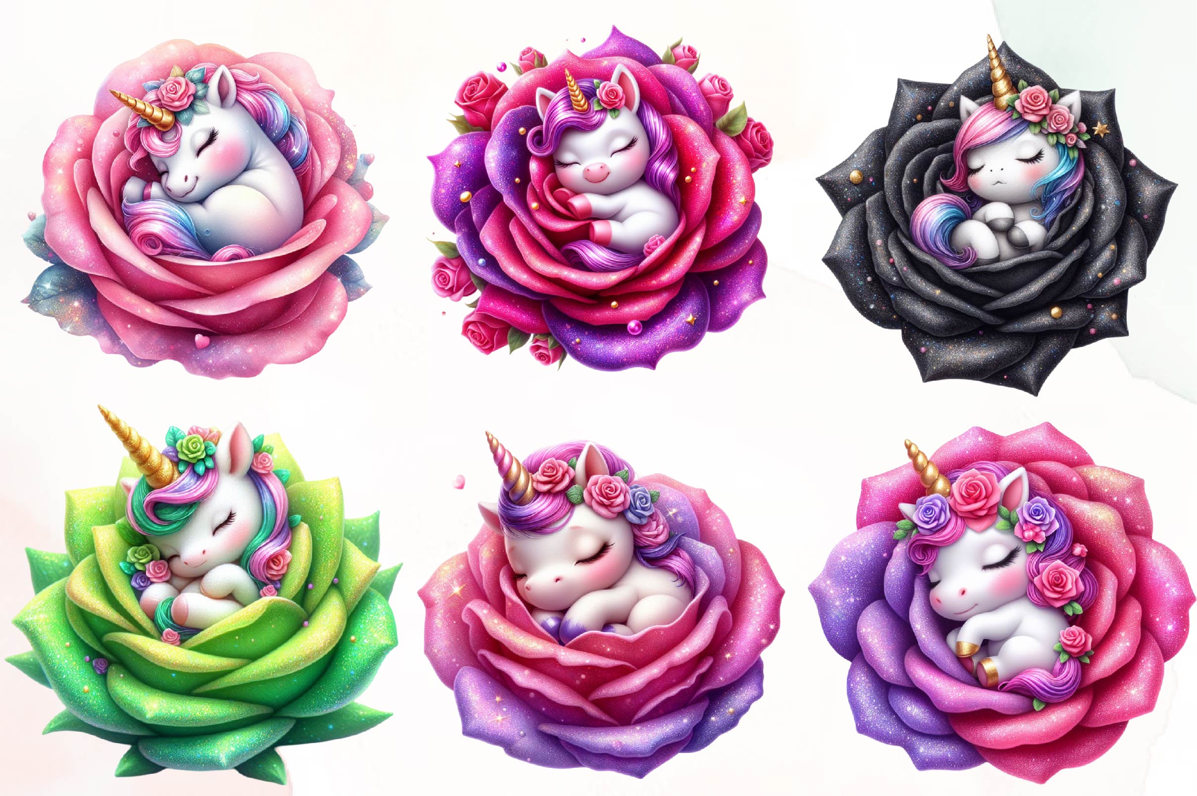 Baby Unicorn In Flowers Clipart Bundle