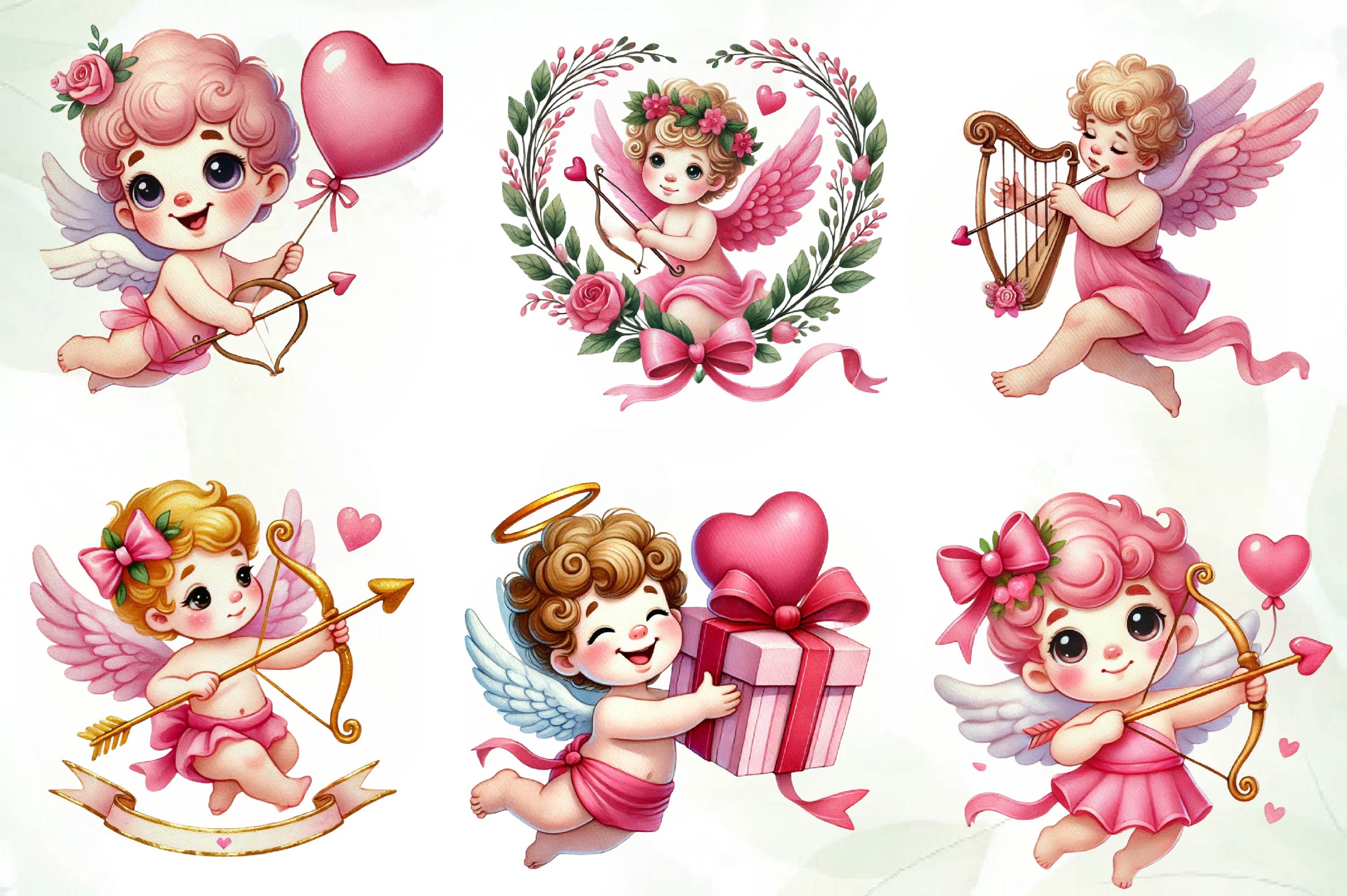 Cute Pink Valentine Cupid Clipart Bundle