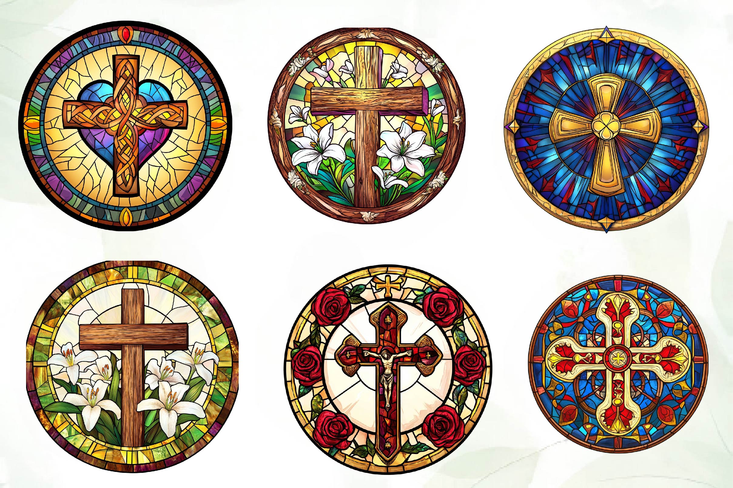 Christian Cross Round Stained Glass Clipart Bundle