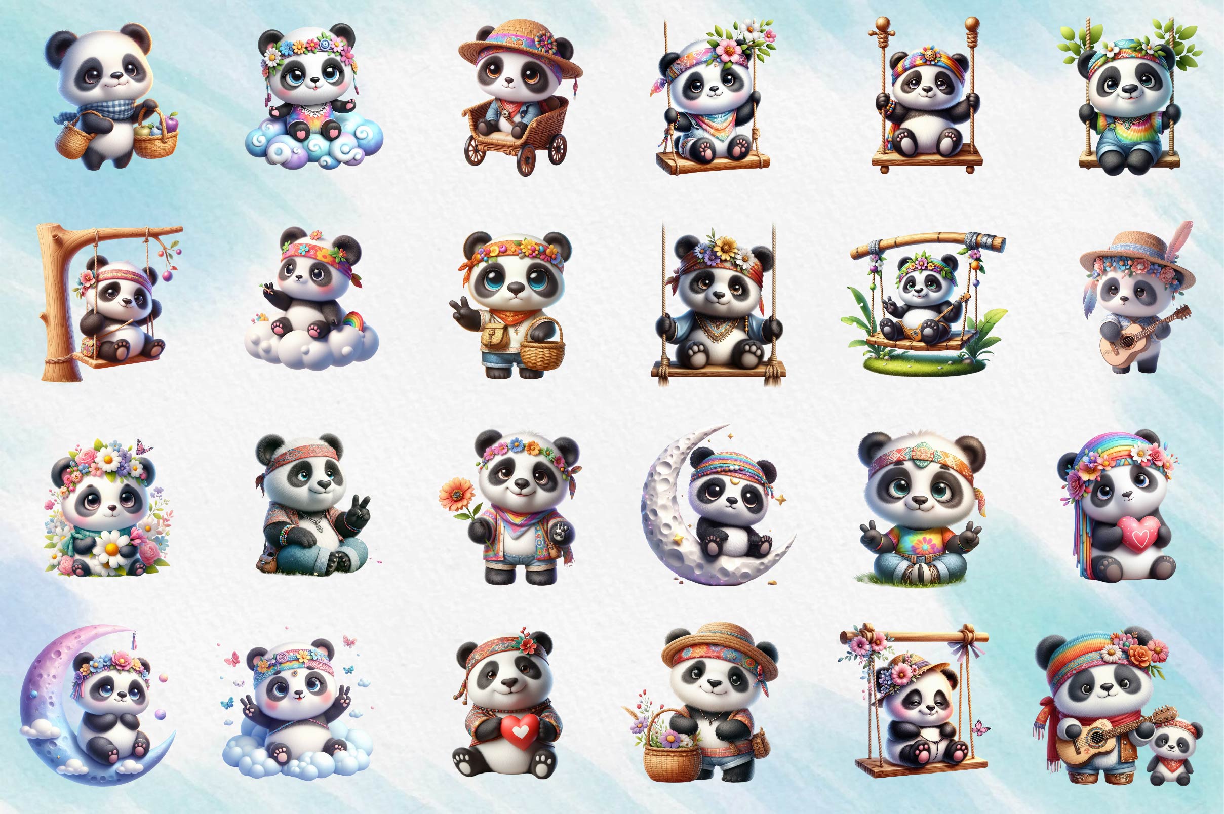 Hippie Cute Panda Clipart Bundle