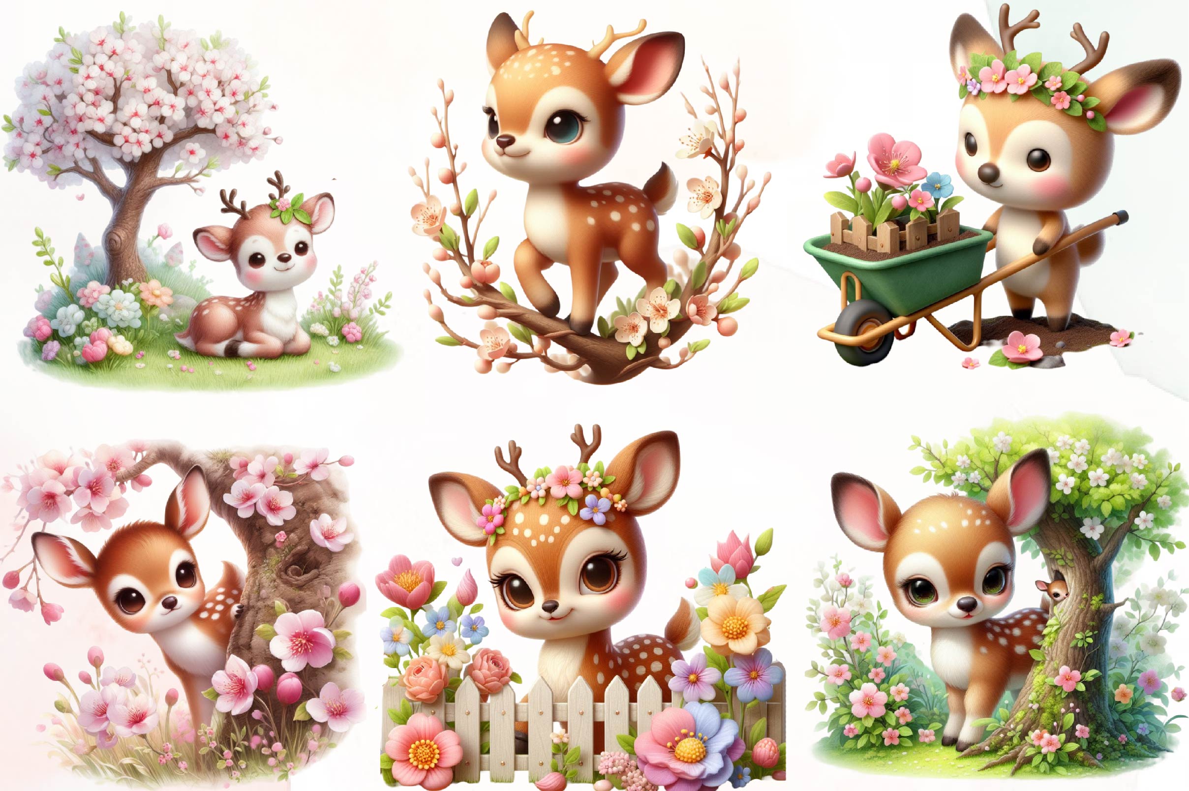 Cute Spring Deer Clipart Bundle