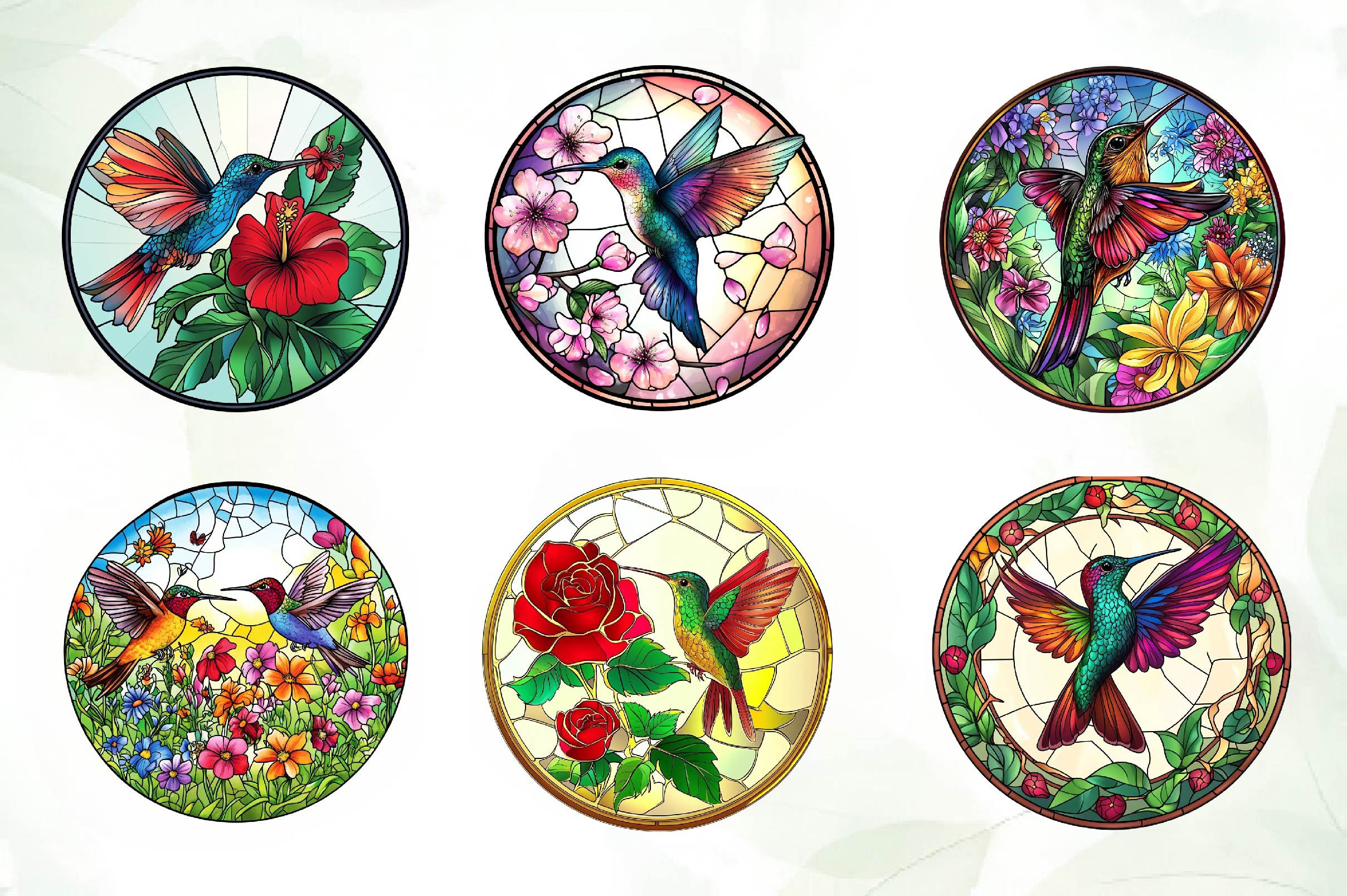 Hummingbird & Flowers Round Stained Glass Art Clipart Bundle