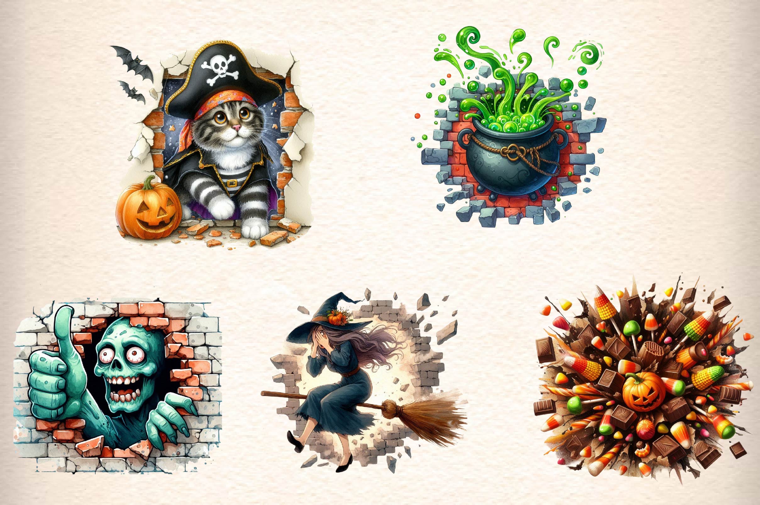 Funny Halloween Break Through Clipart Bundle