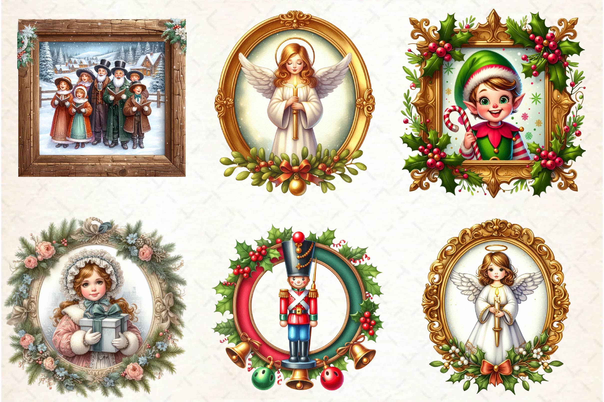 Vintage Christmas Framed Character Clipart Bundle