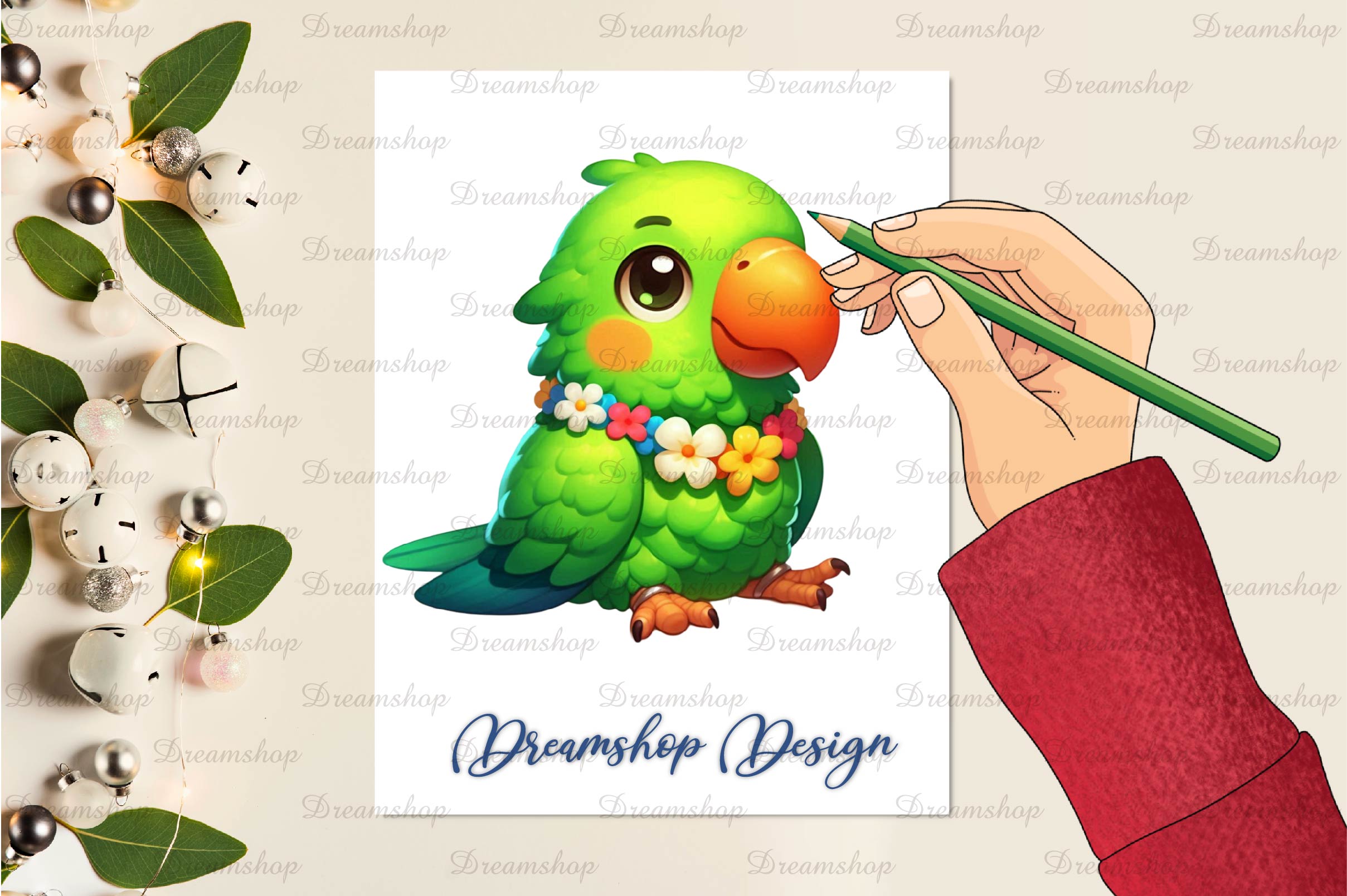 Cute And Funny Green Parrot Clipart Bundle