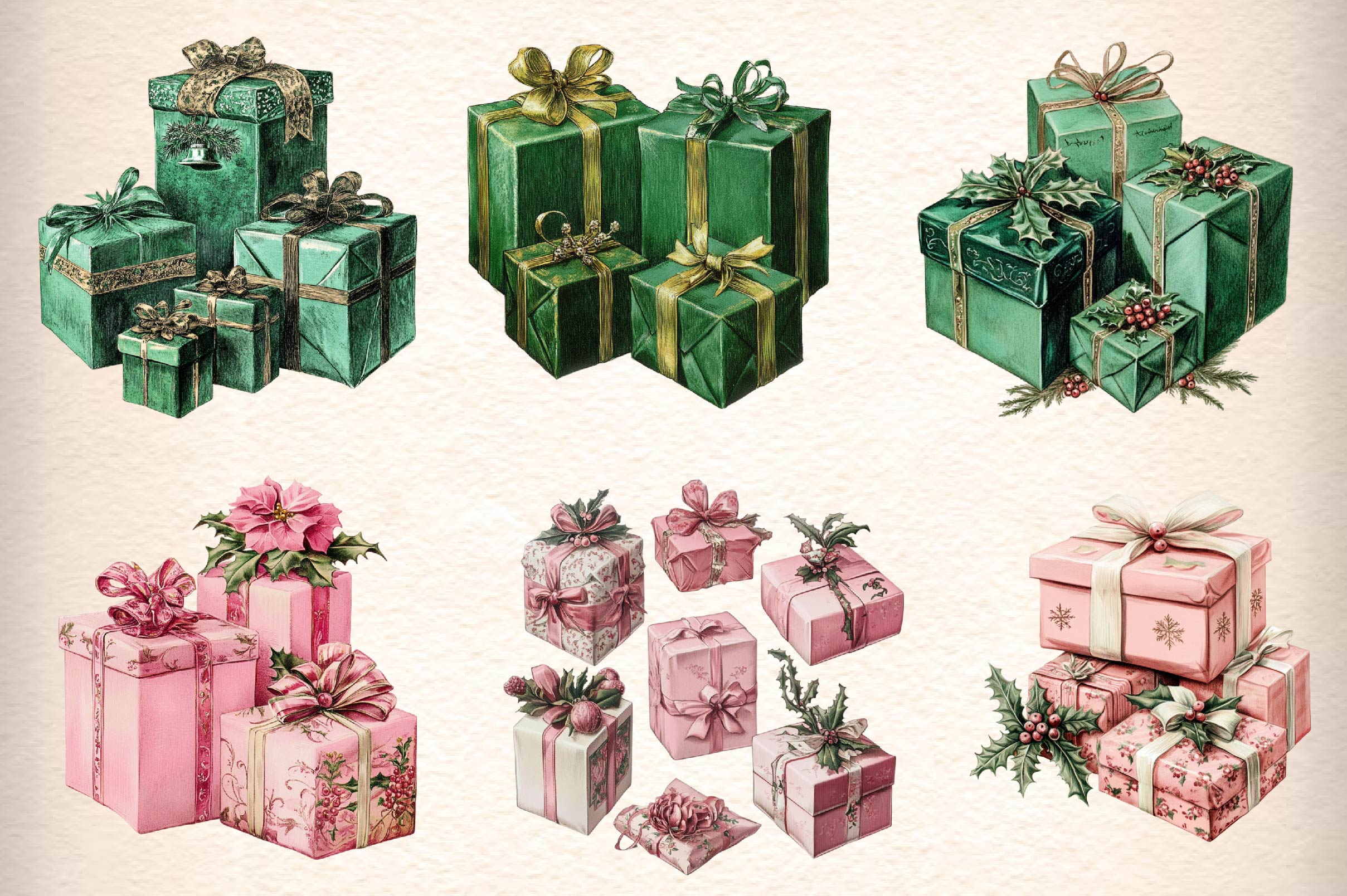 Vintage Pink Christmas Gifts Clipart Bundle