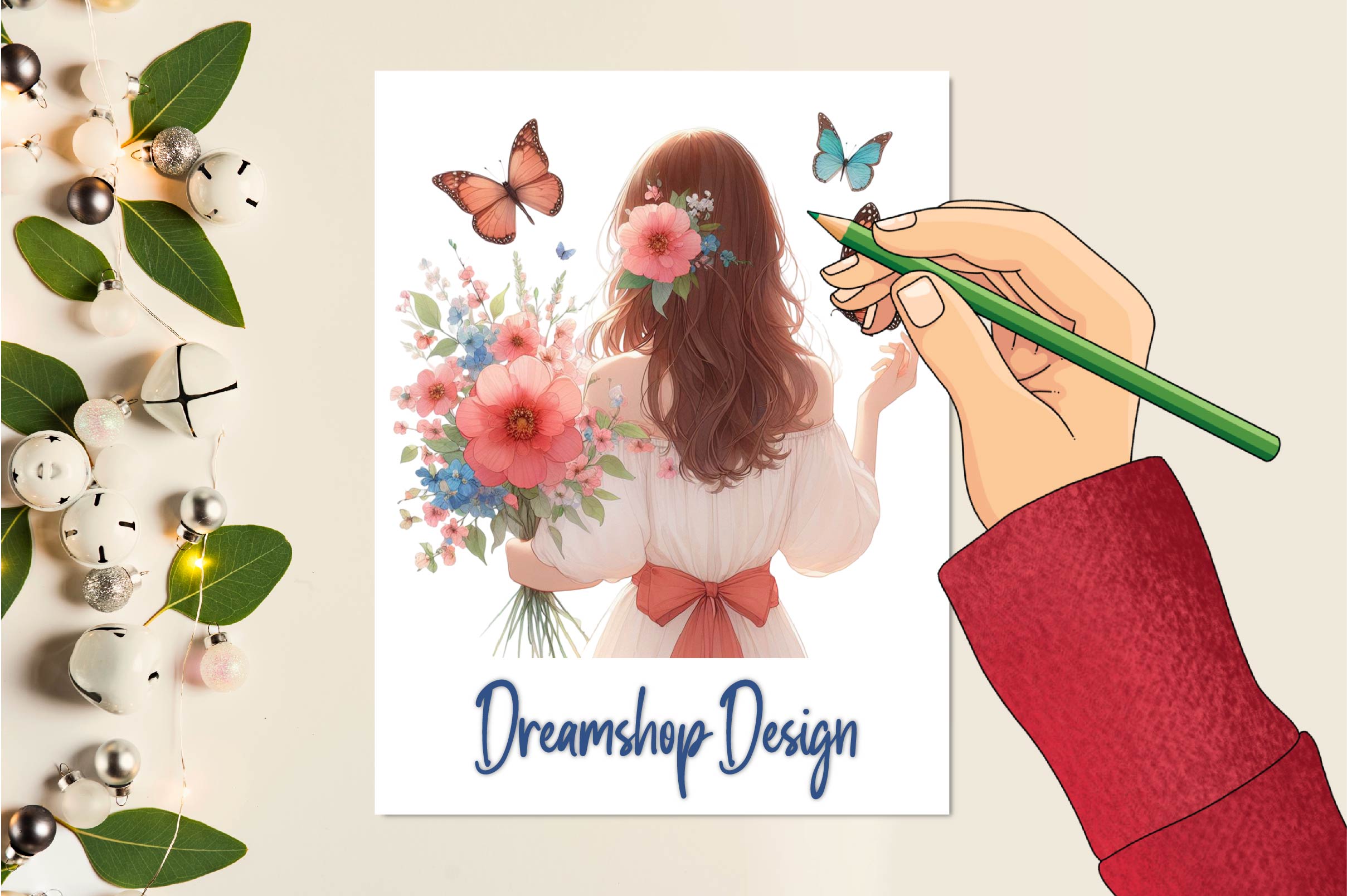 Woman Back Butterflies & Flowers Clipart Bundle