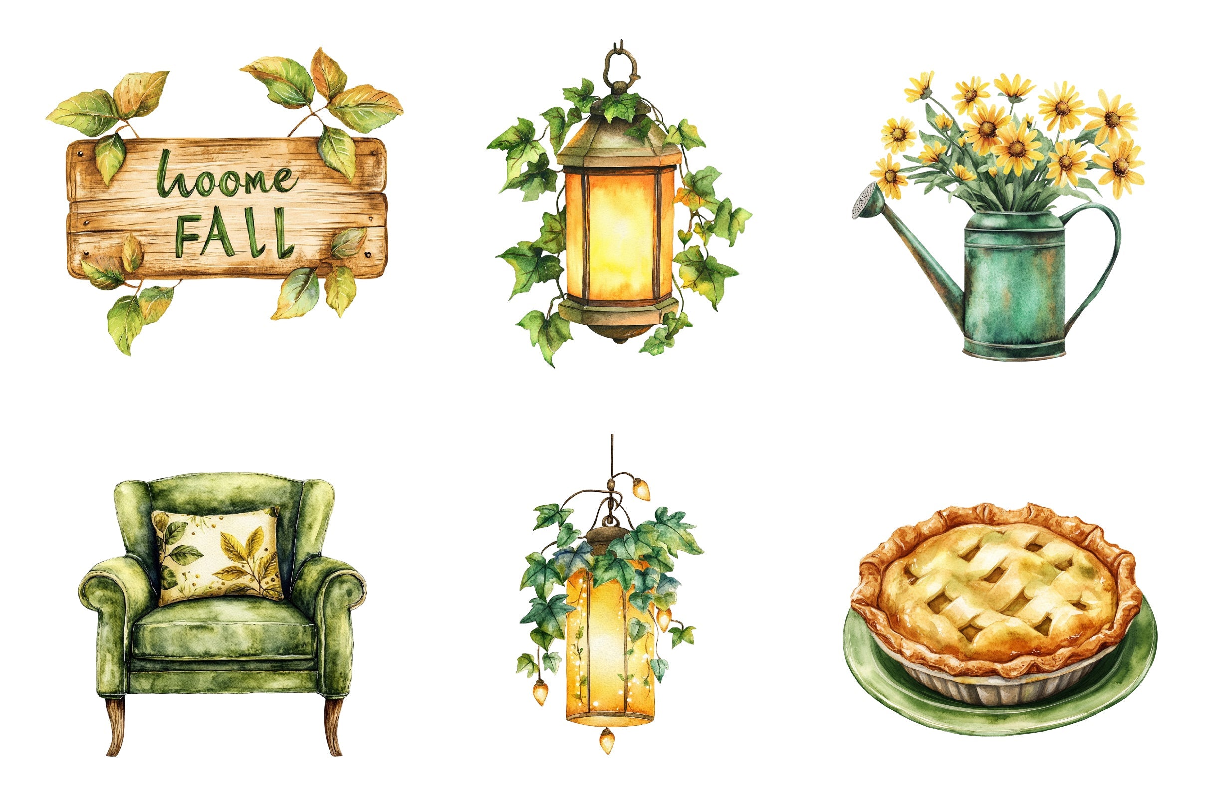 Yellow & Green Autumn Cottage Clipart Bundle