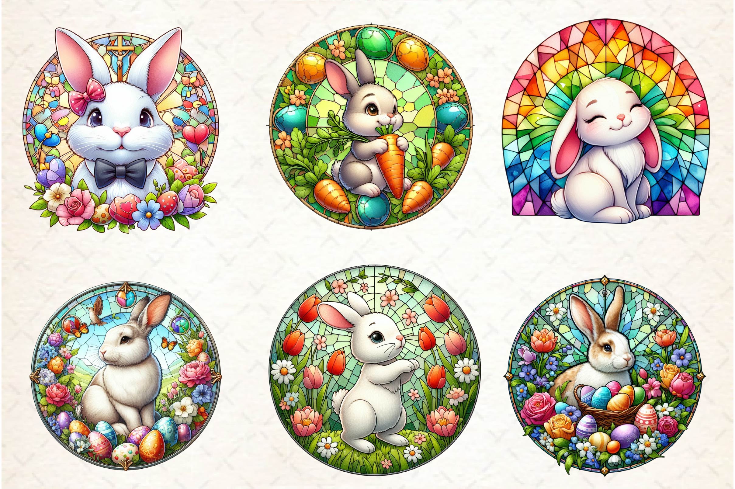 Round Stained Glass Easter Bunny Clipart Bundle