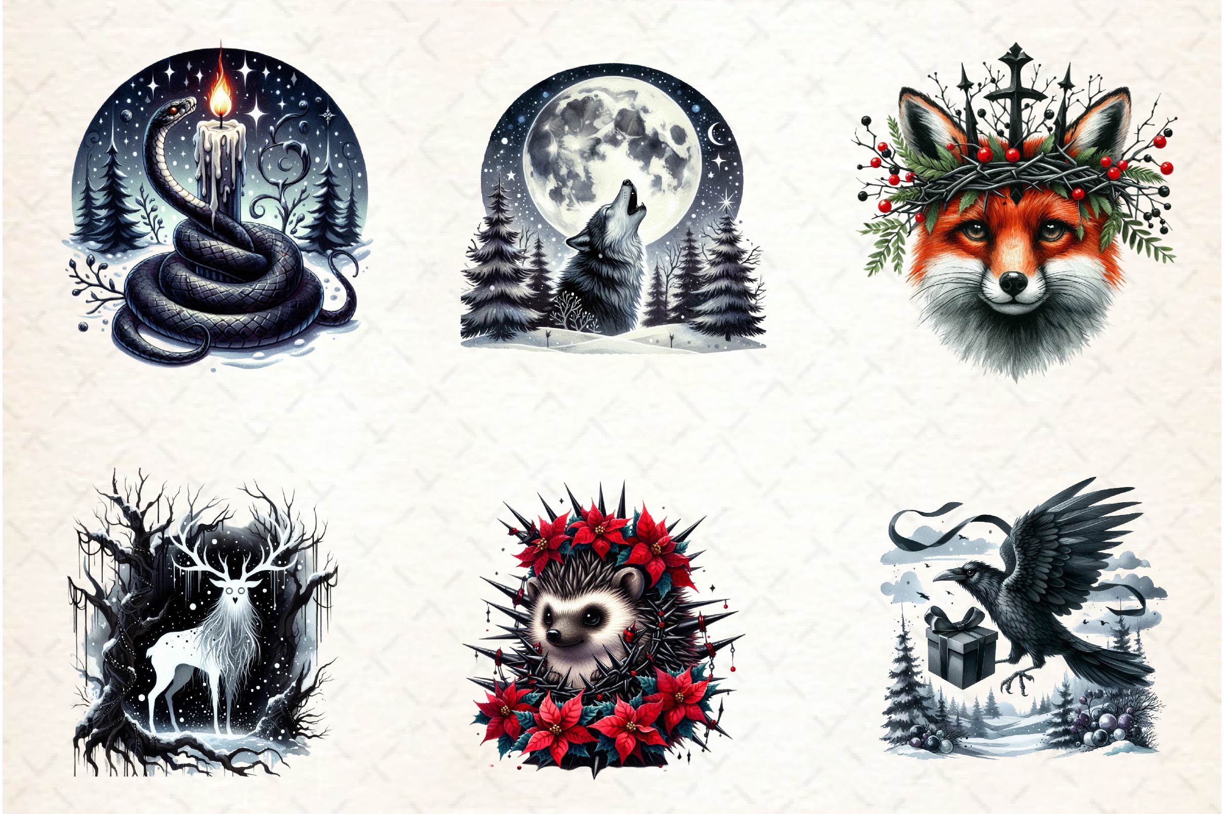 Christmas Gothic Animals Clipart Bundle