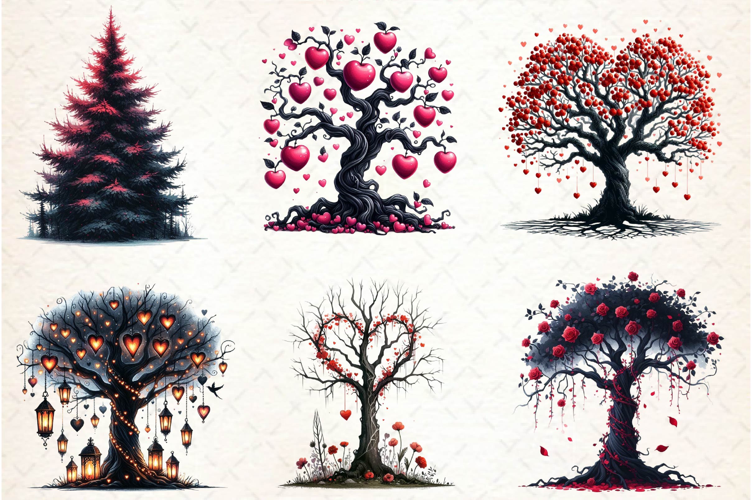 Valentine Gothic Trees Clipart Bundle