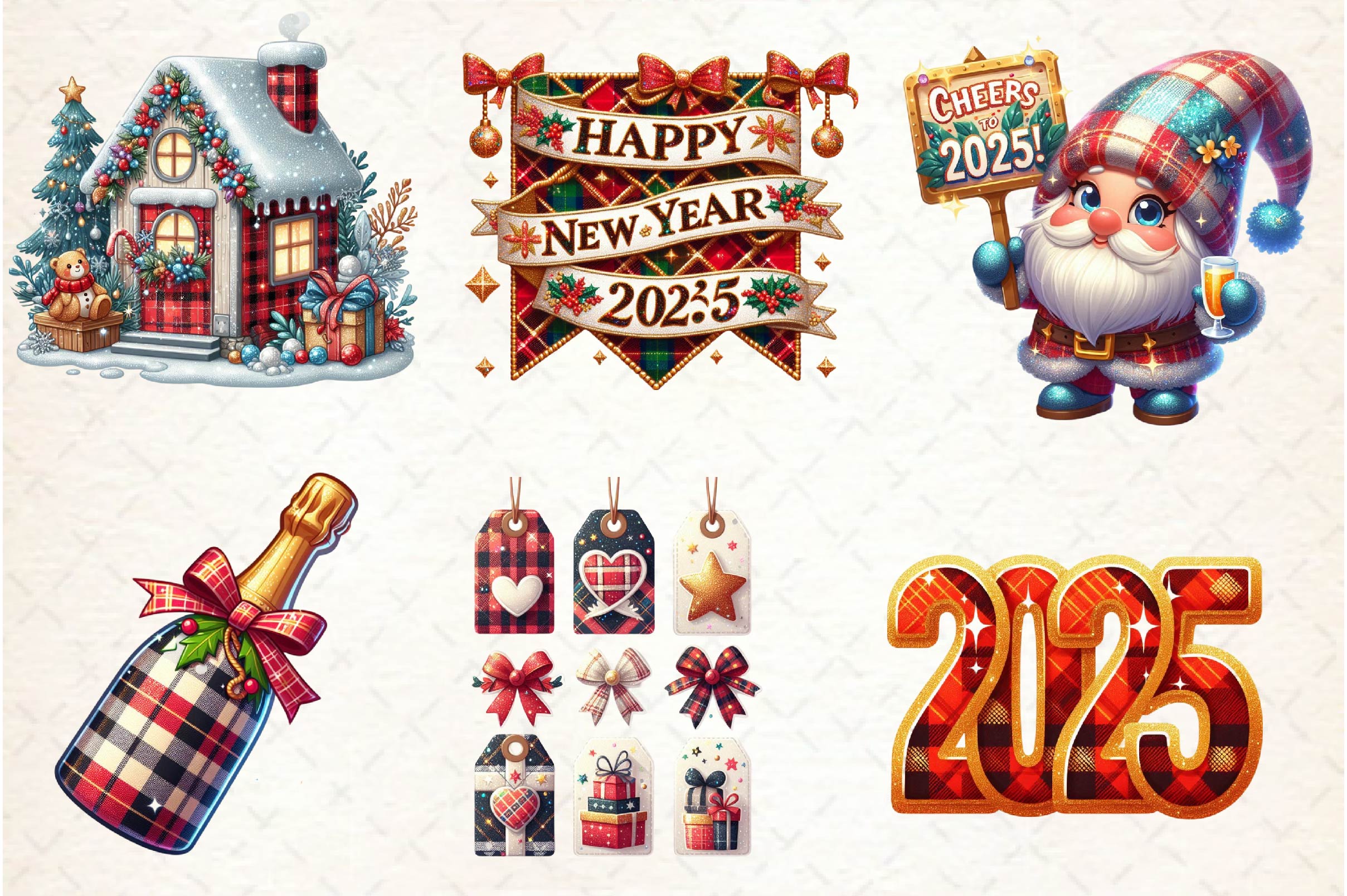 Glittery Plaid New Year 2025 Clipart Bundle
