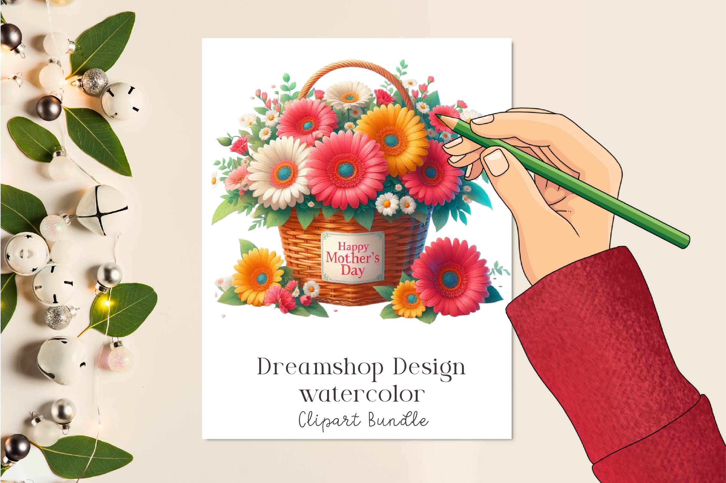 Mother's Day Basket Of Flowers Clipart Bundle