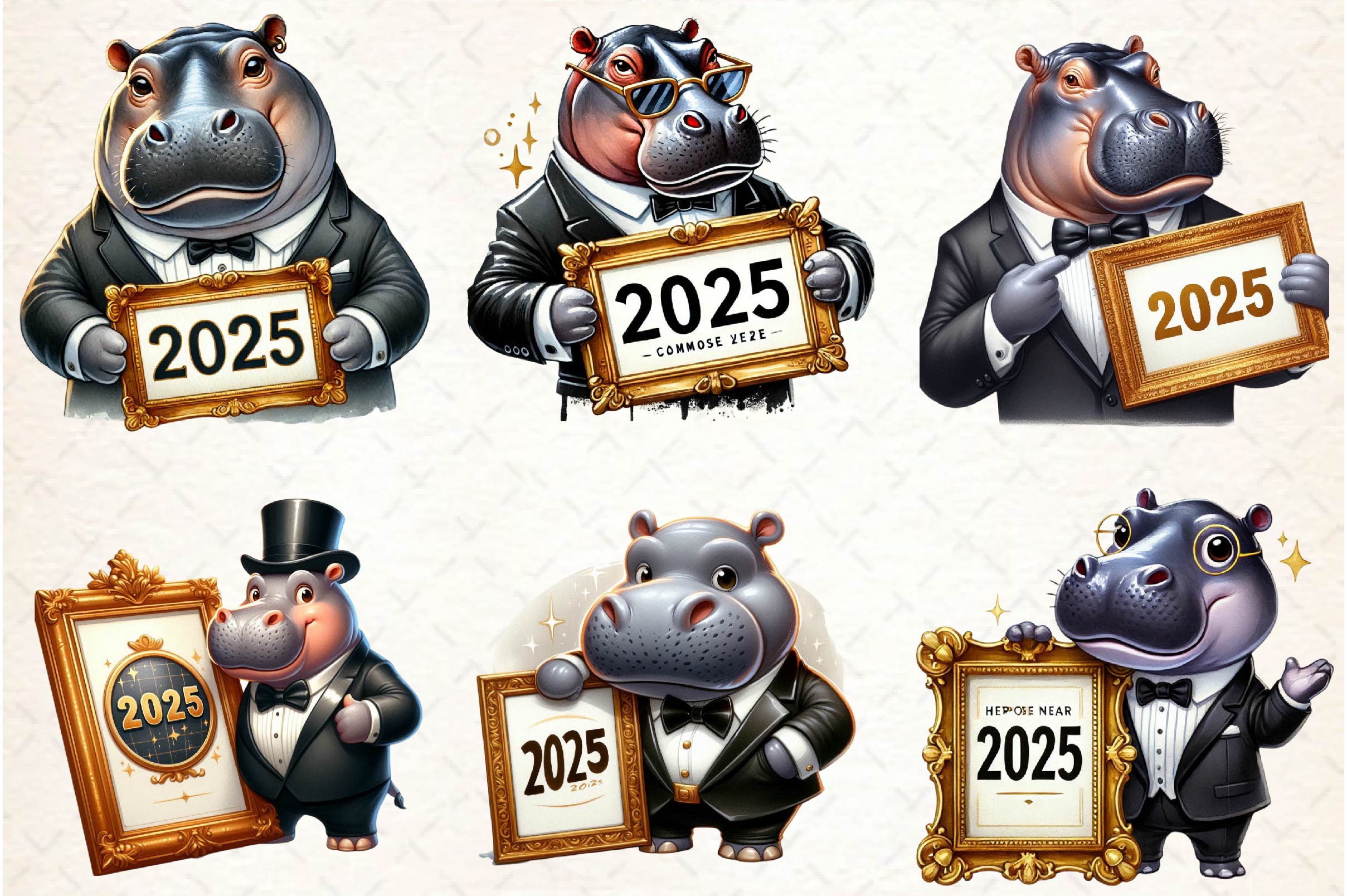 Hippo Happy New Year 2025 Clipart Bundle