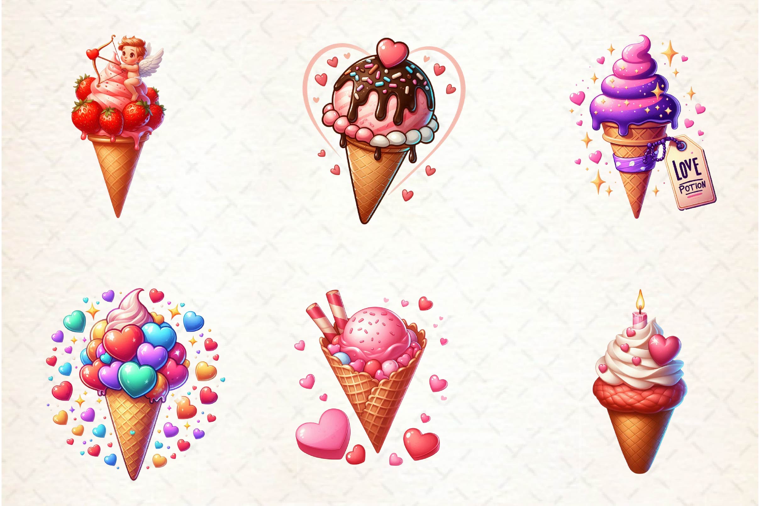 Valentine Love Ice Cream Cone Clipart Bundle