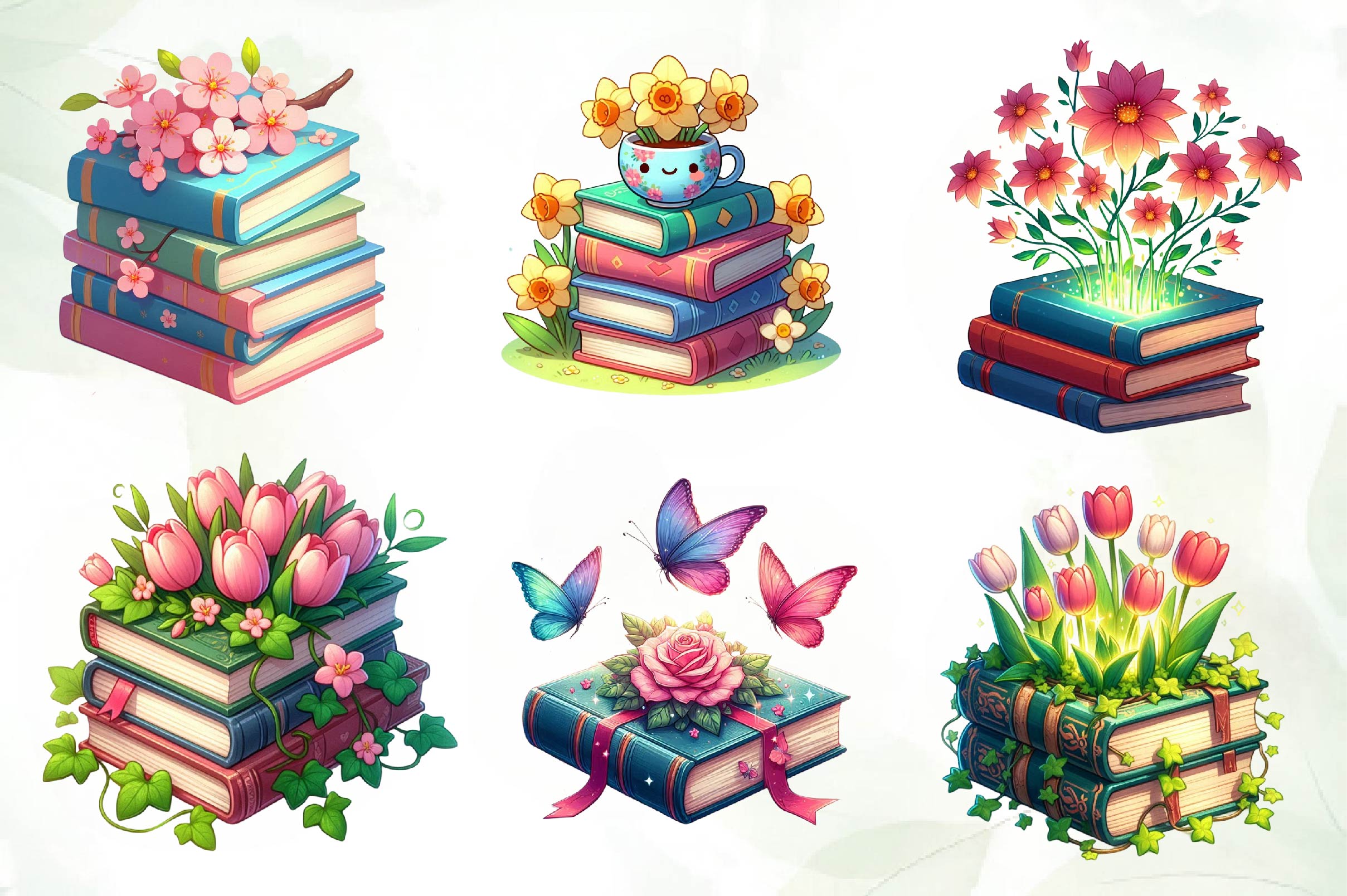 Spring Floral Book Stack Clipart Bundle