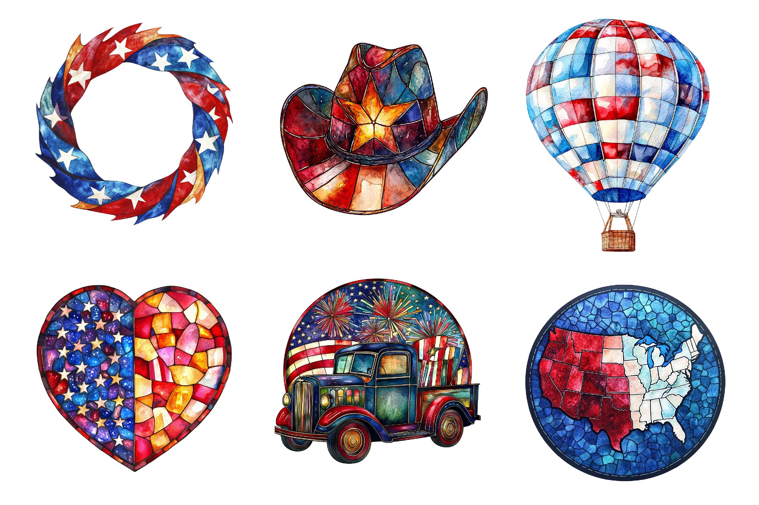 Round Stained Glass 4th Of July Clipart Bundle