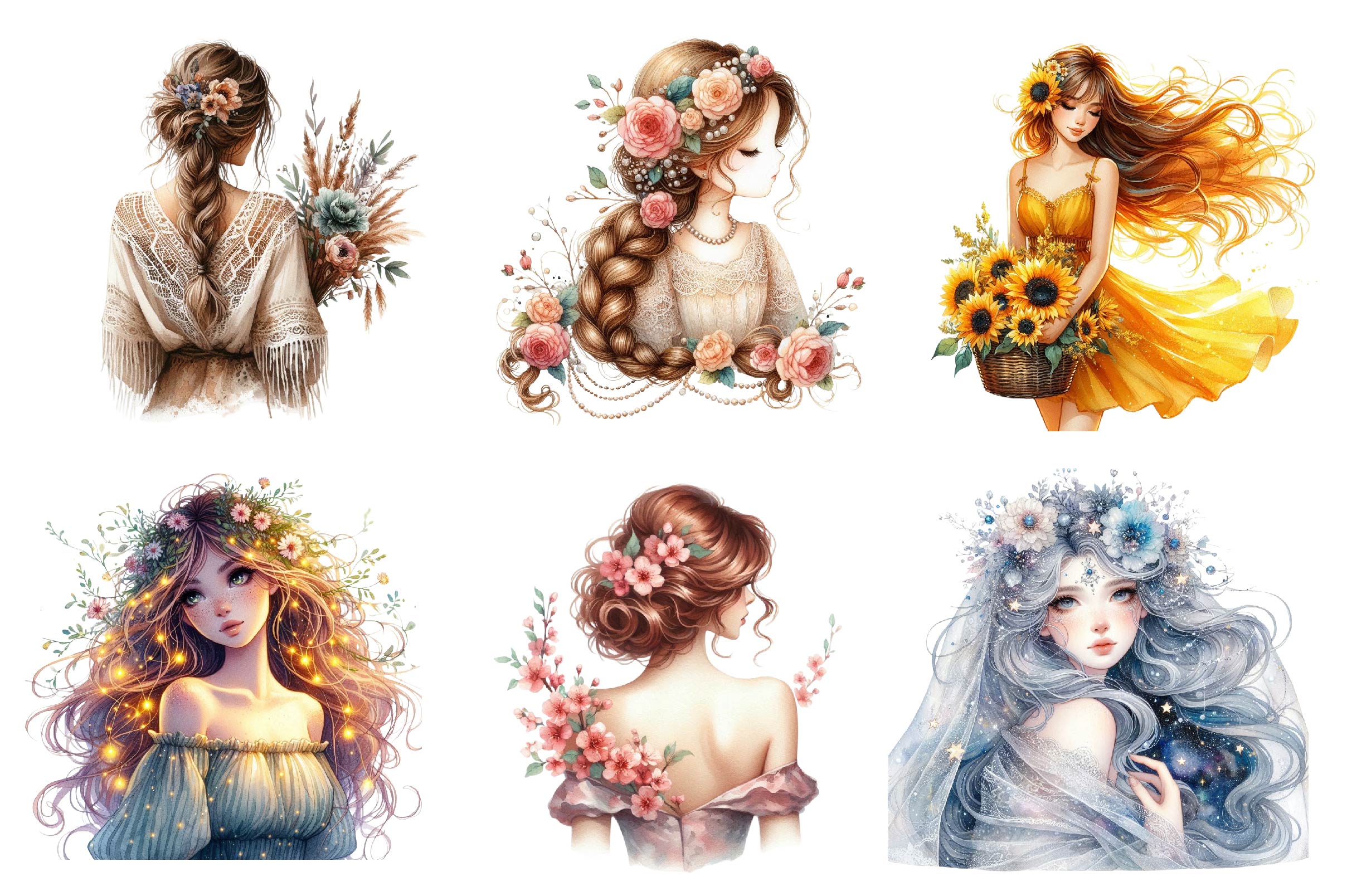 Beautiful Girl Back View With Flowers Clipart Bundle