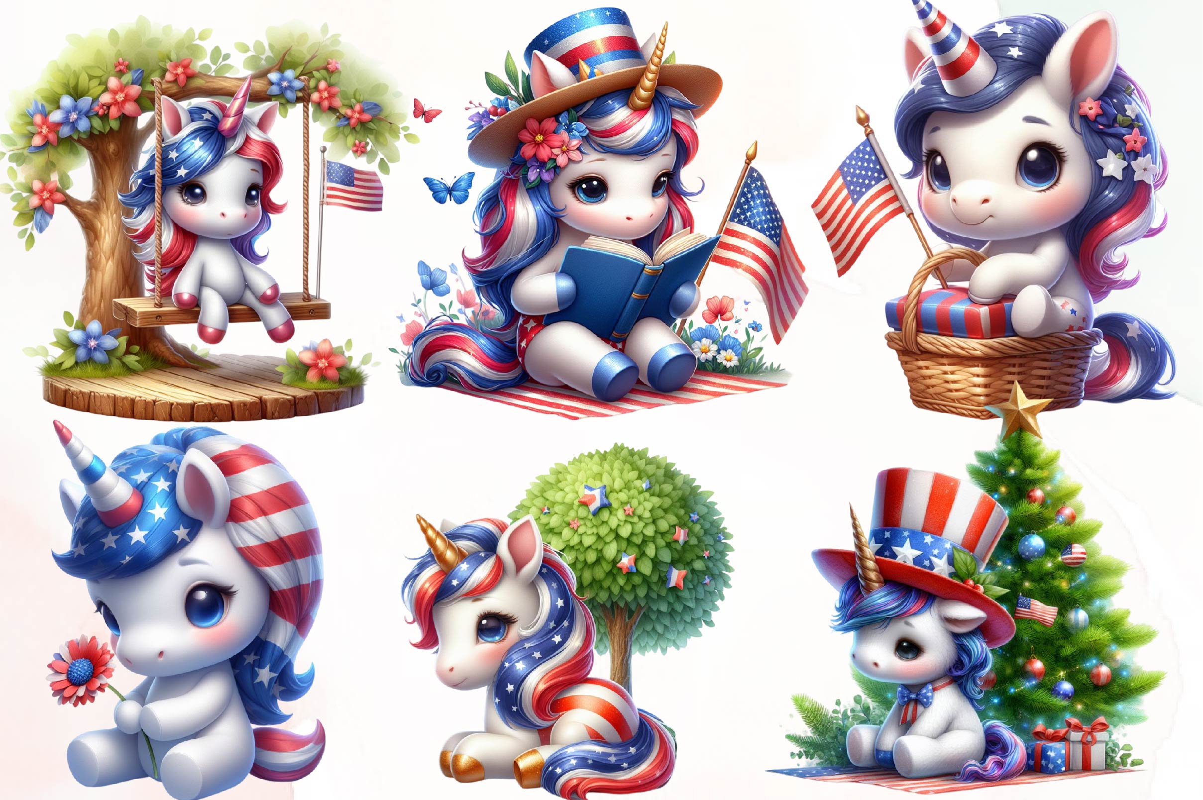 Patriotic Cute Unicorn Clipart Bundle