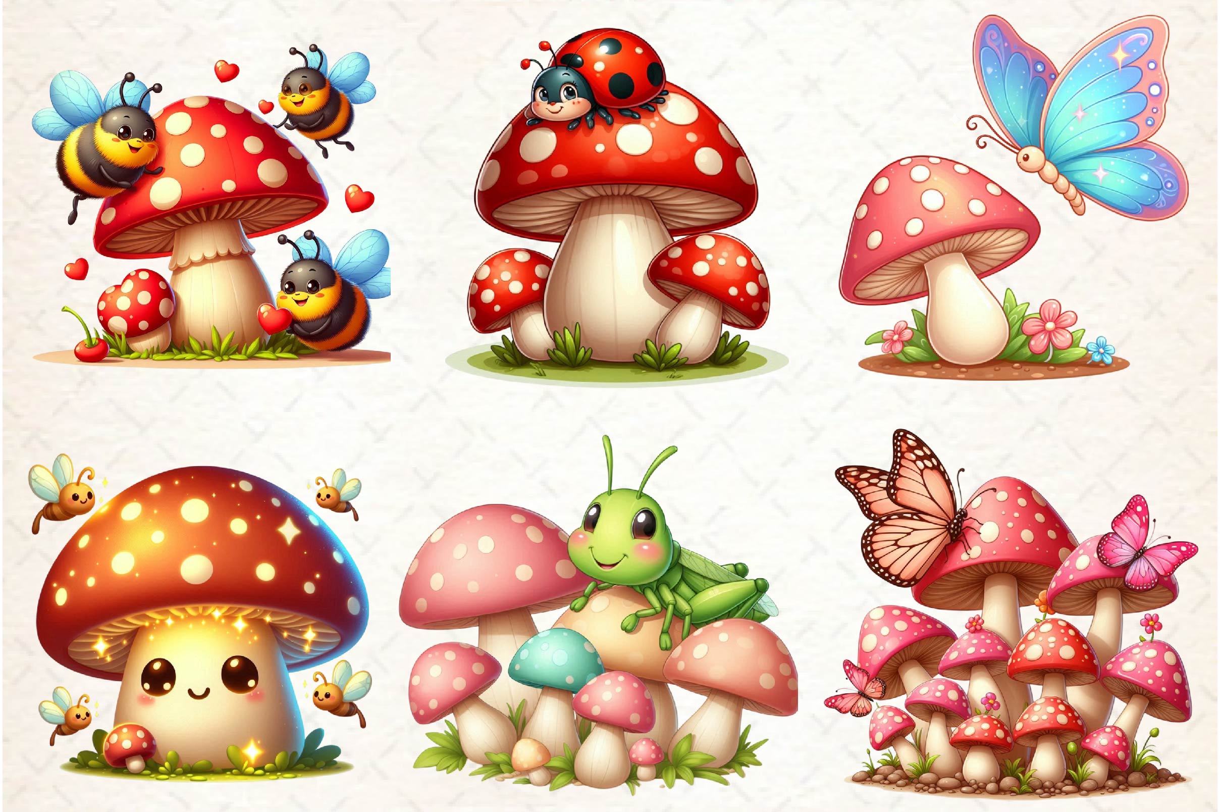 Cute Insects Mushroom Clipart Bundle