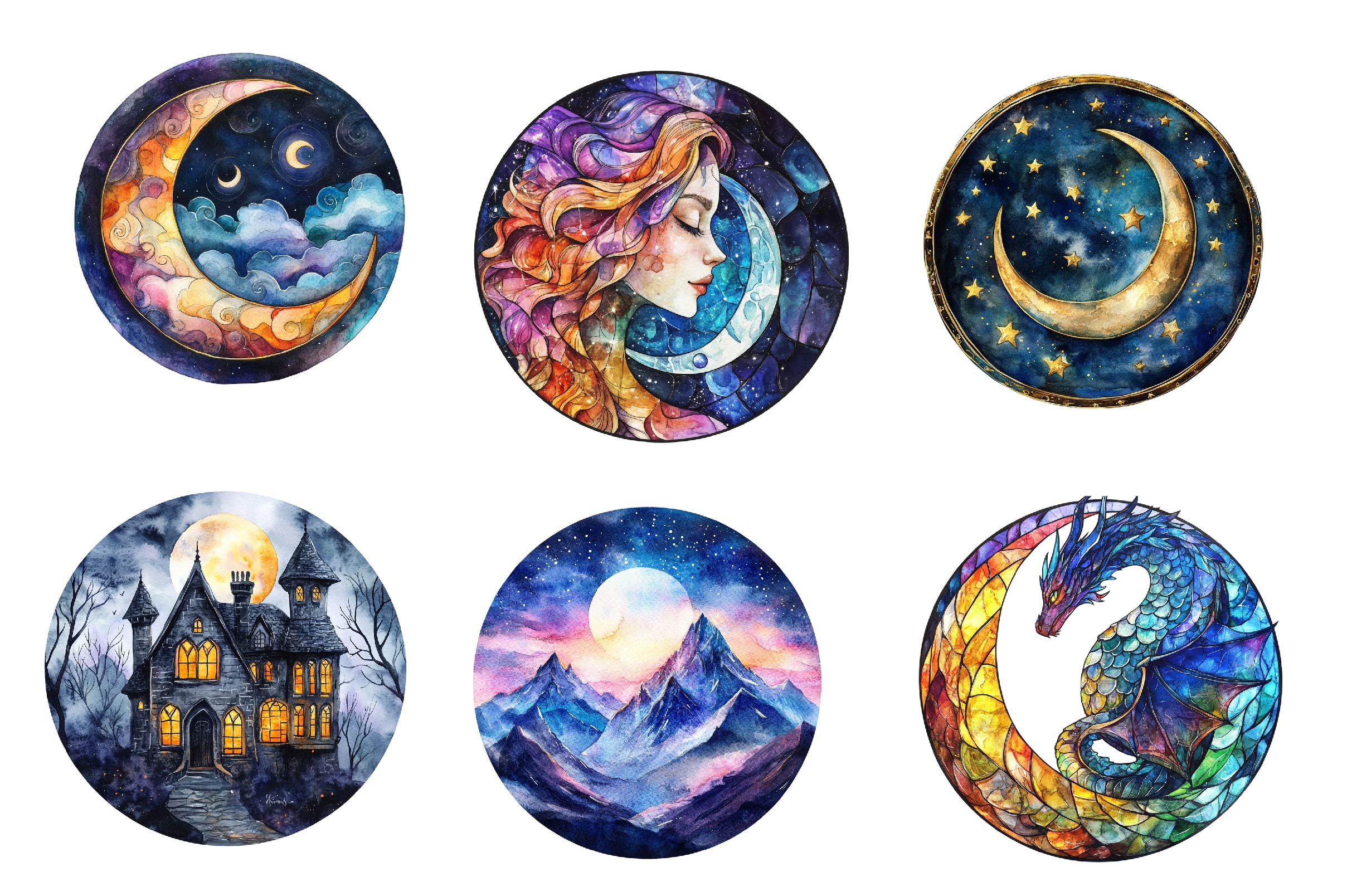 Round Moonlit Nights Stained Glass Clipart Bundle