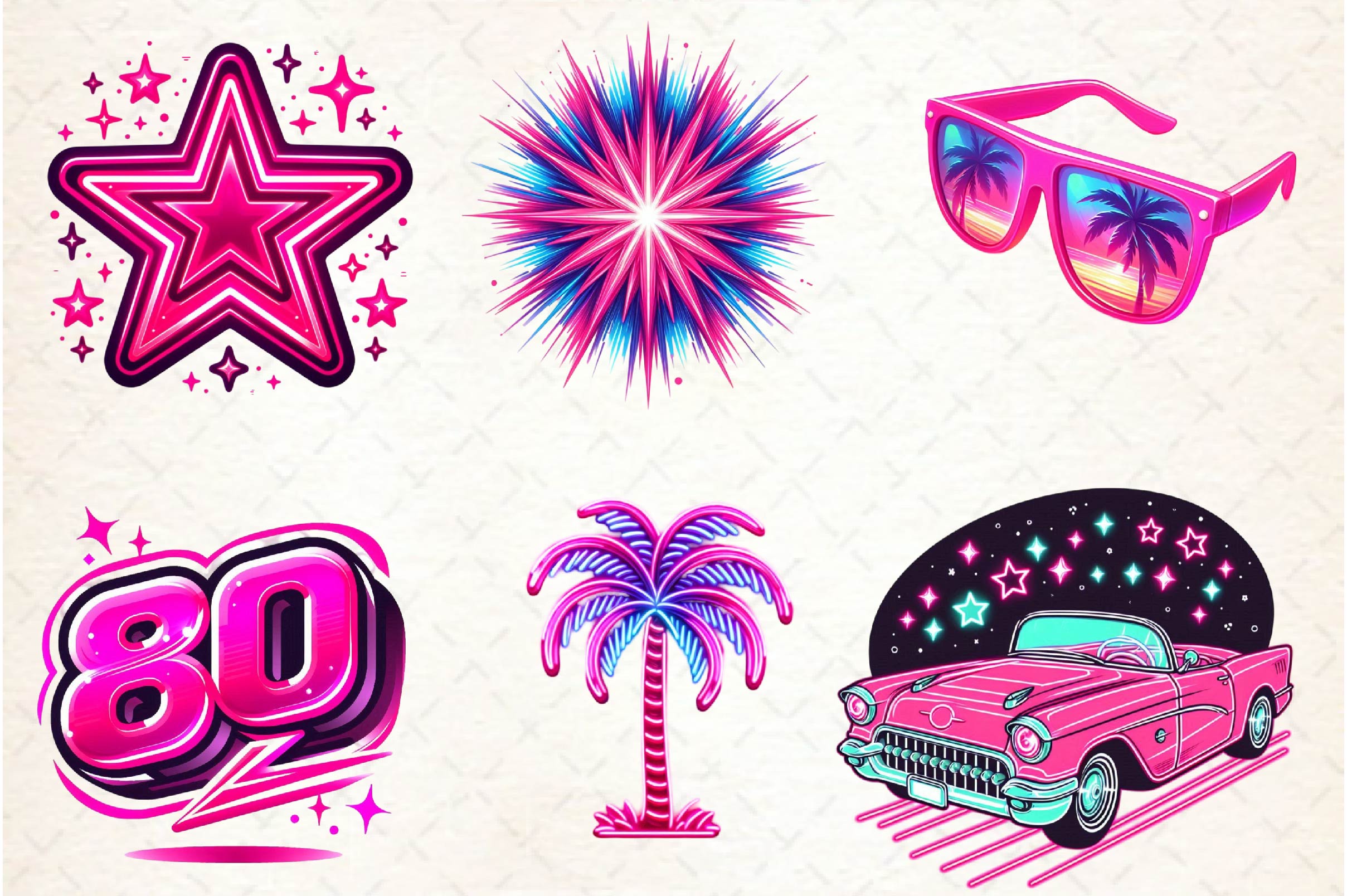 Neon Retro Pink Elements Clipart Bundle