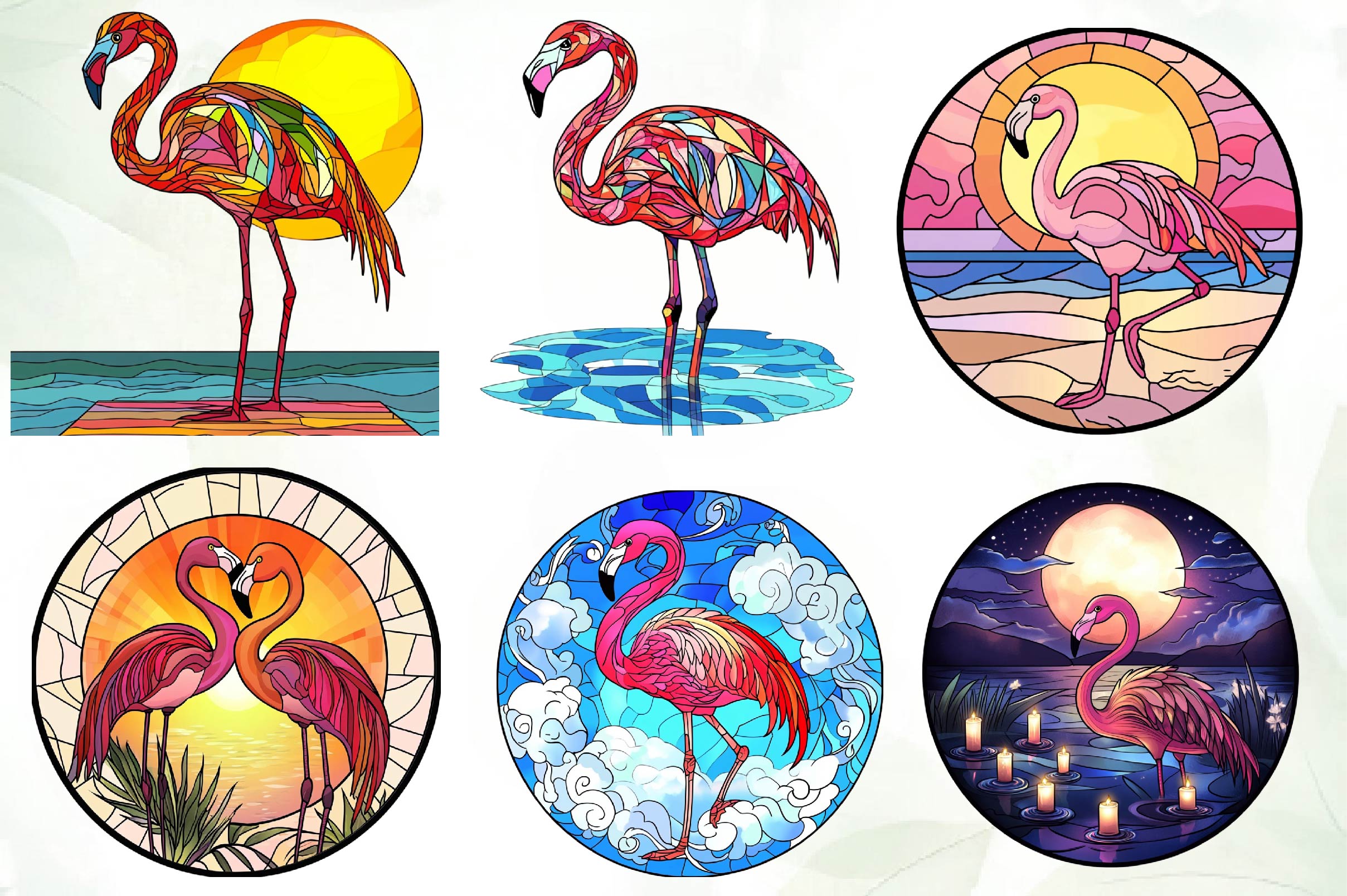 Round Stained Glass Flamingo Clipart Bundle