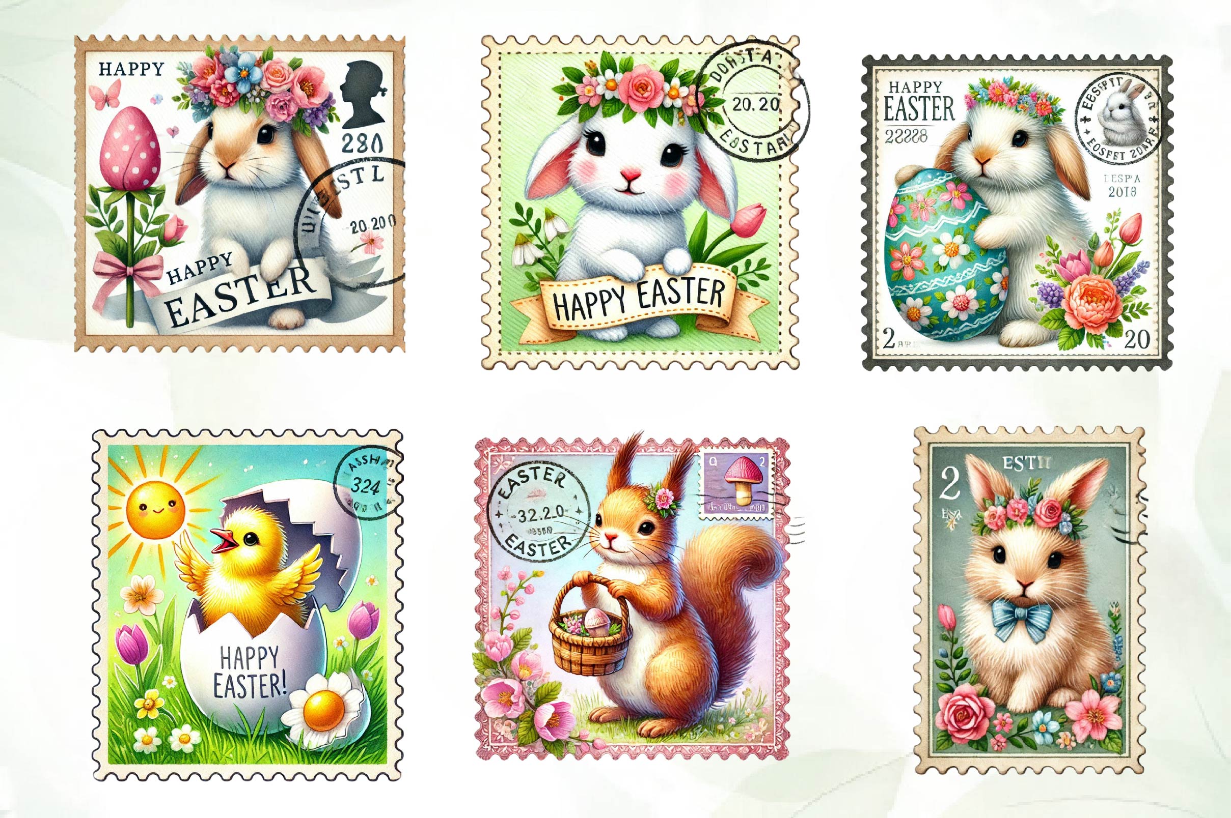 Easter Animals Postage Stamp Clipart Bundle