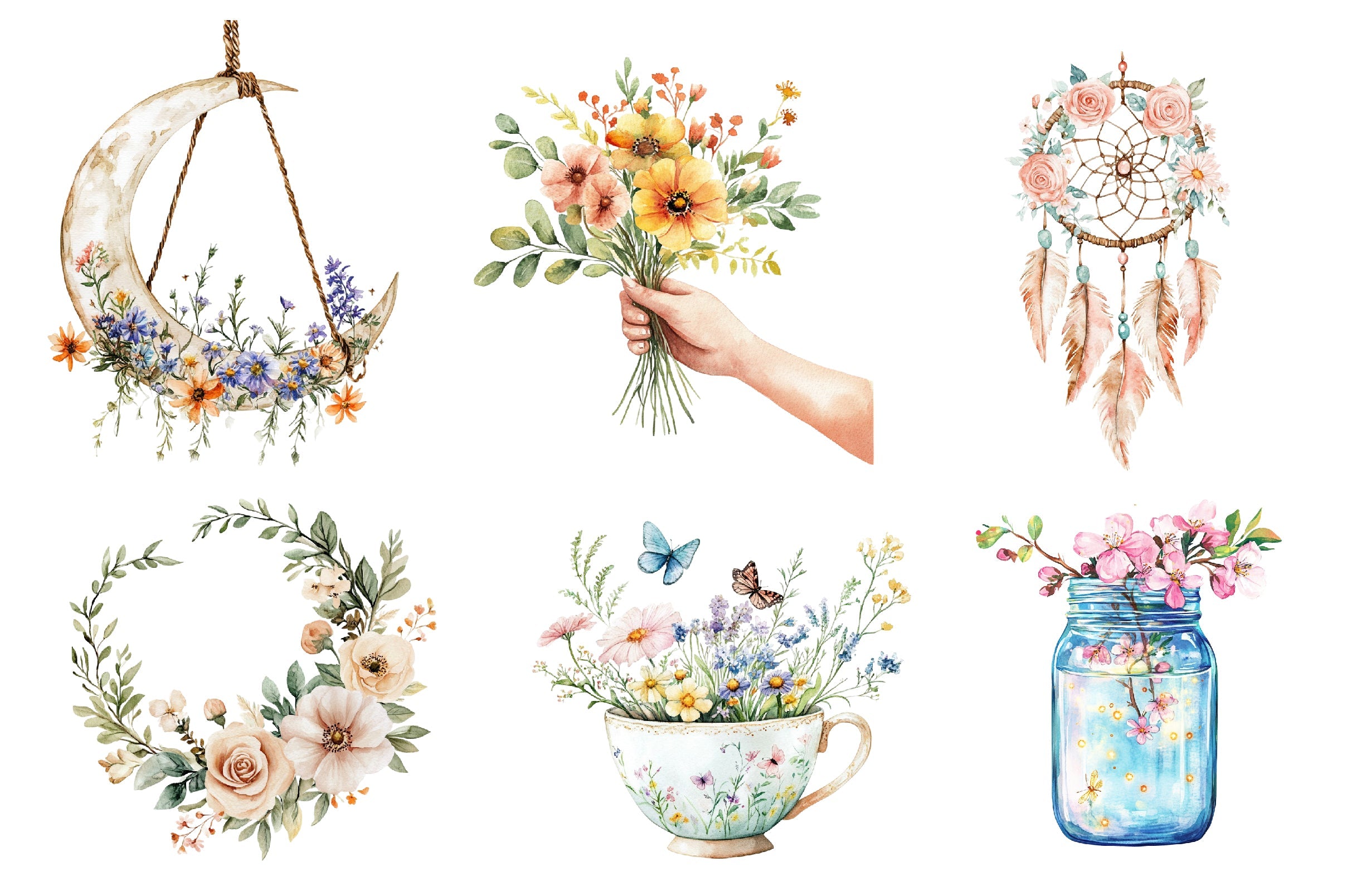 Boho Spring Floral Clipart Bundle