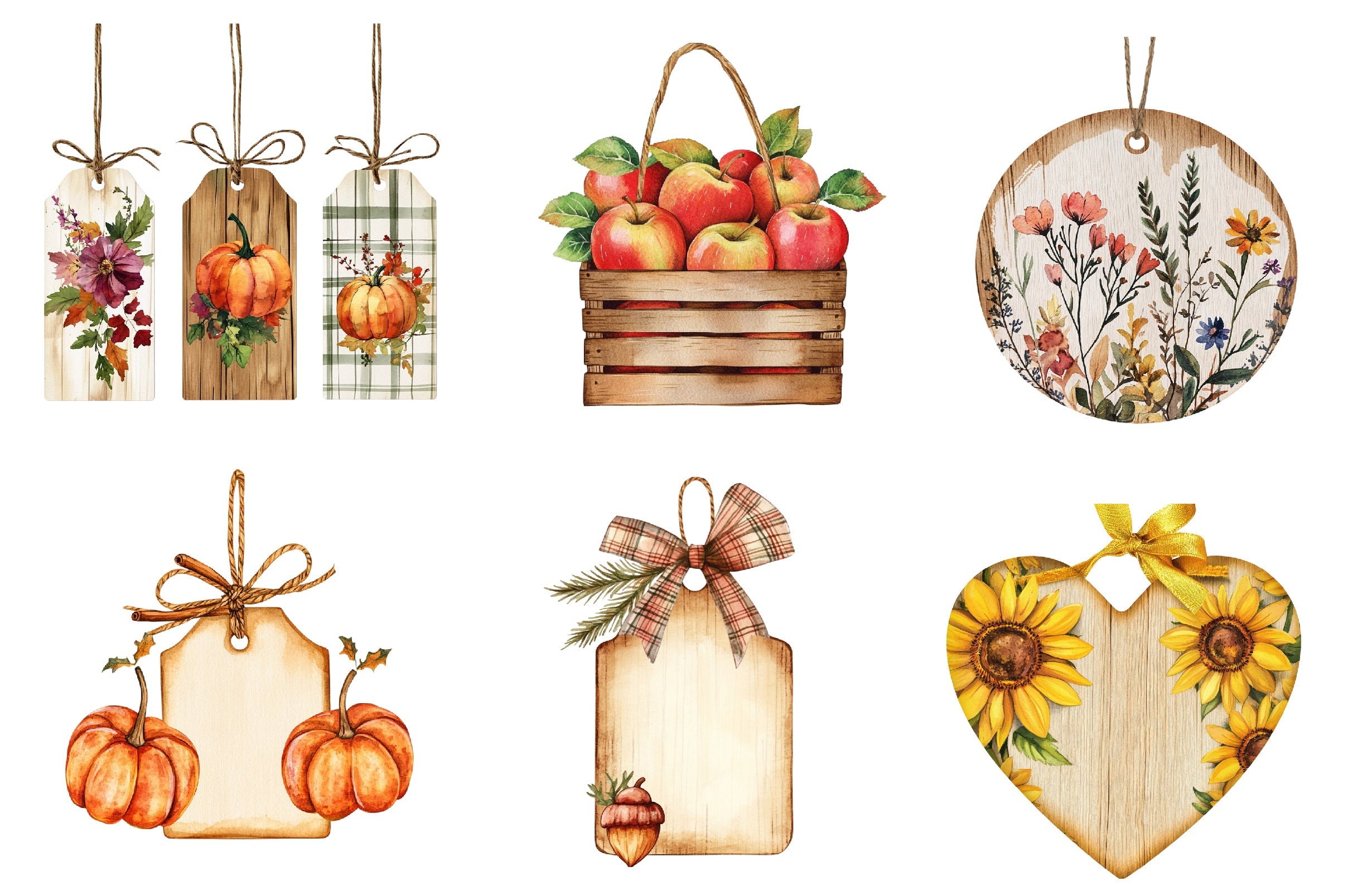 Vintage Wooden Autumn Tags Clipart Bundle