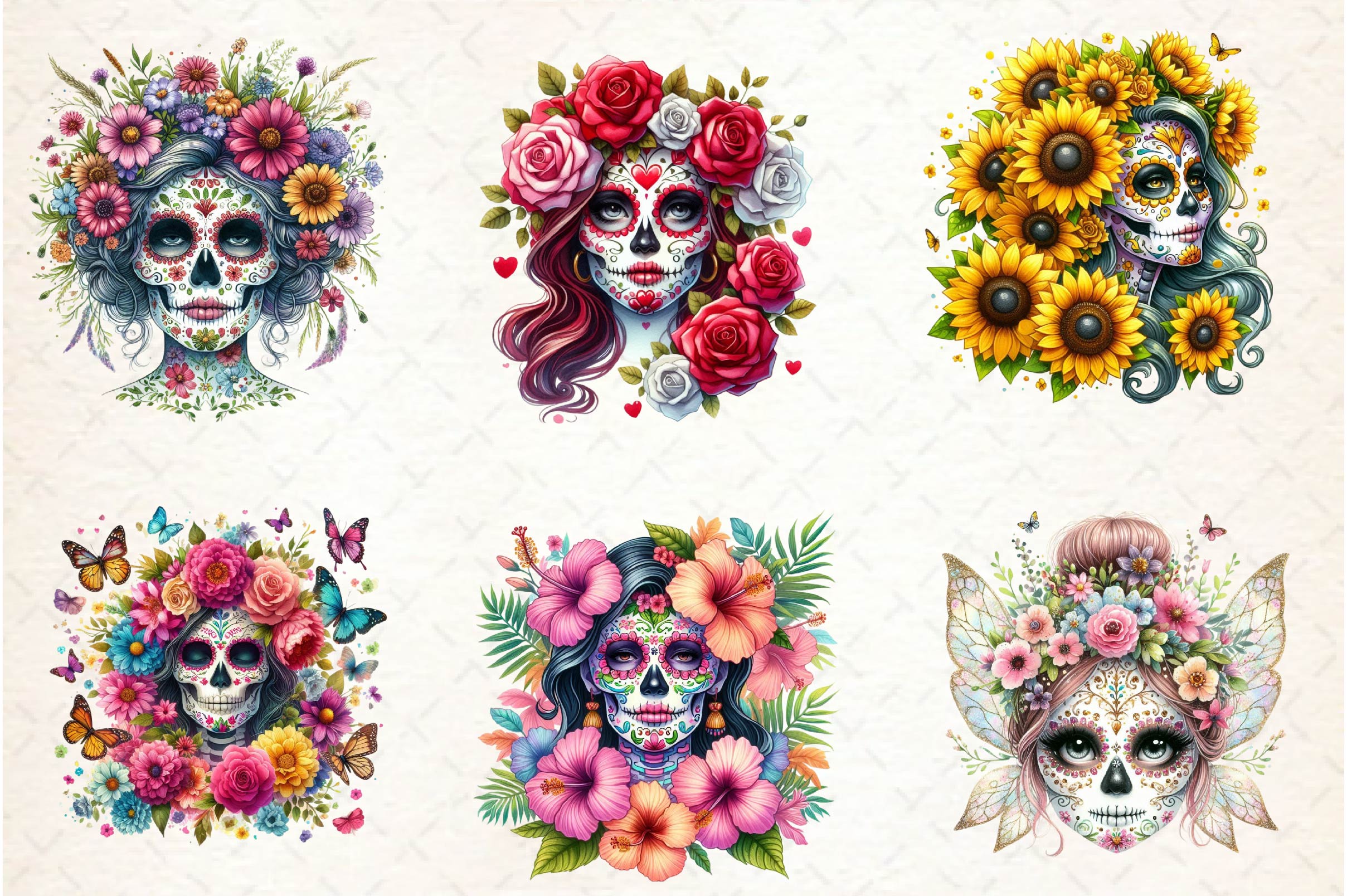 Flowers Sugar Skull Girl Clipart Bundle