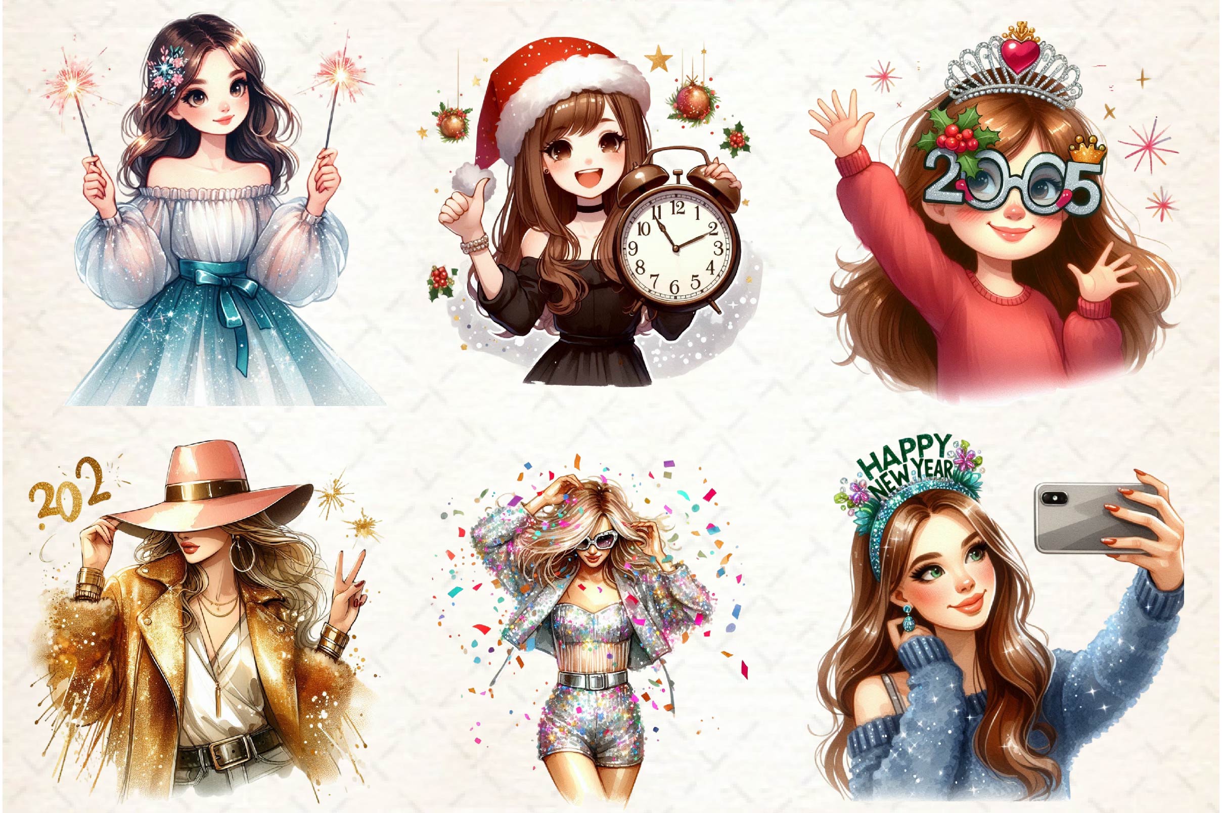 New Year Black American Girl Clipart Bundle
