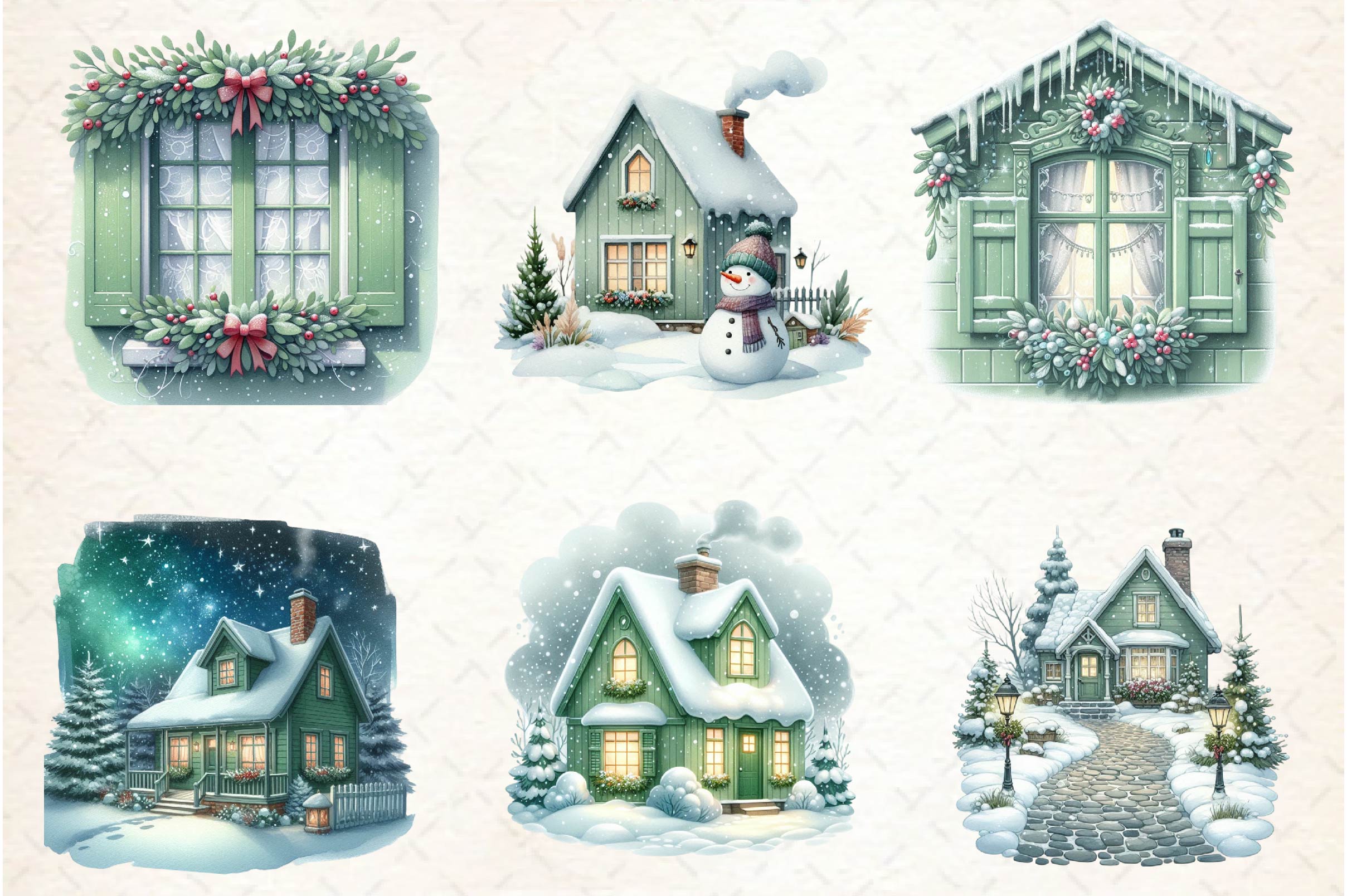 Sage Green Winter Cottage Clipart Bundle