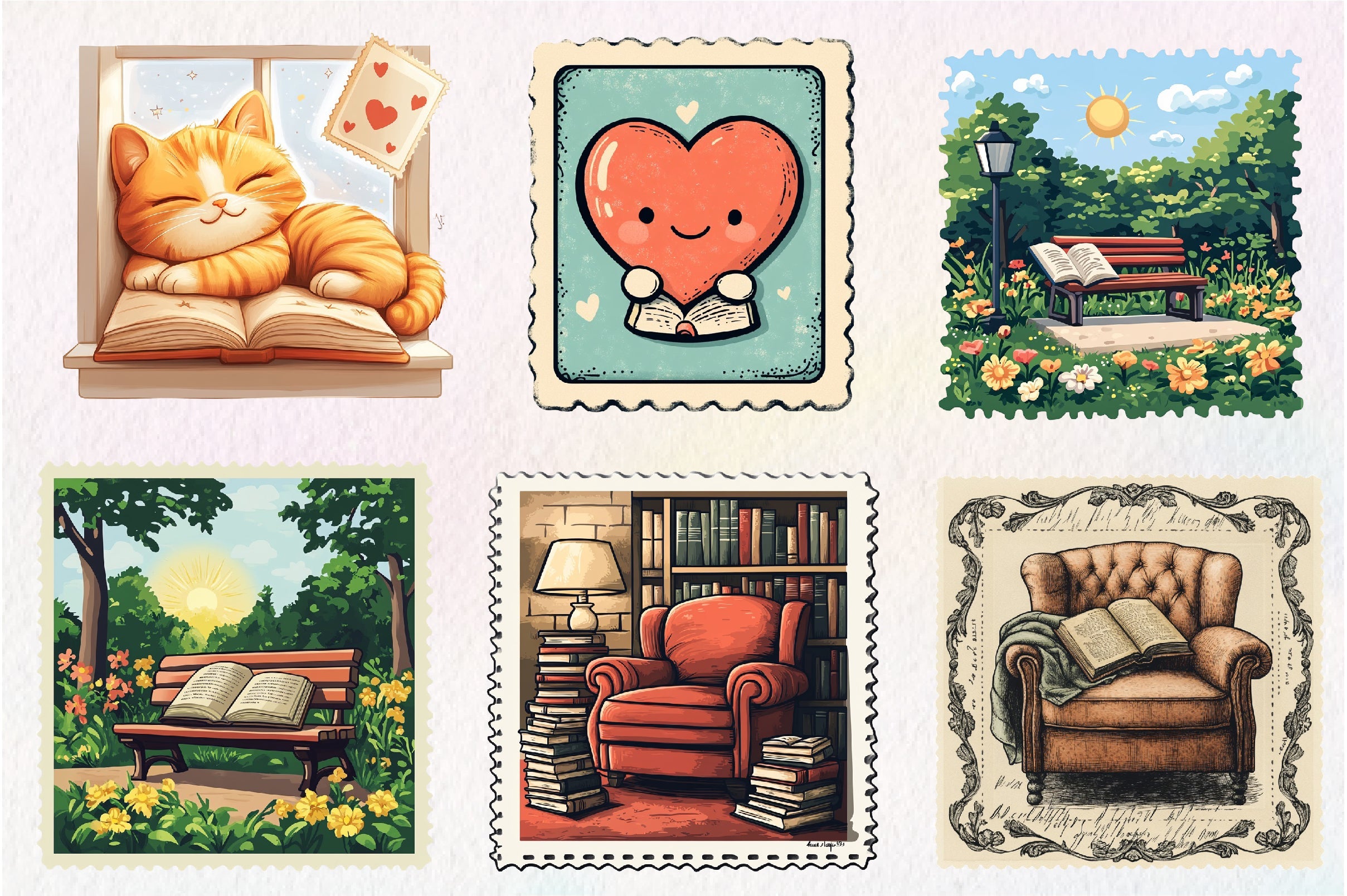Reading Books Postage Stamp Clipart Bundle