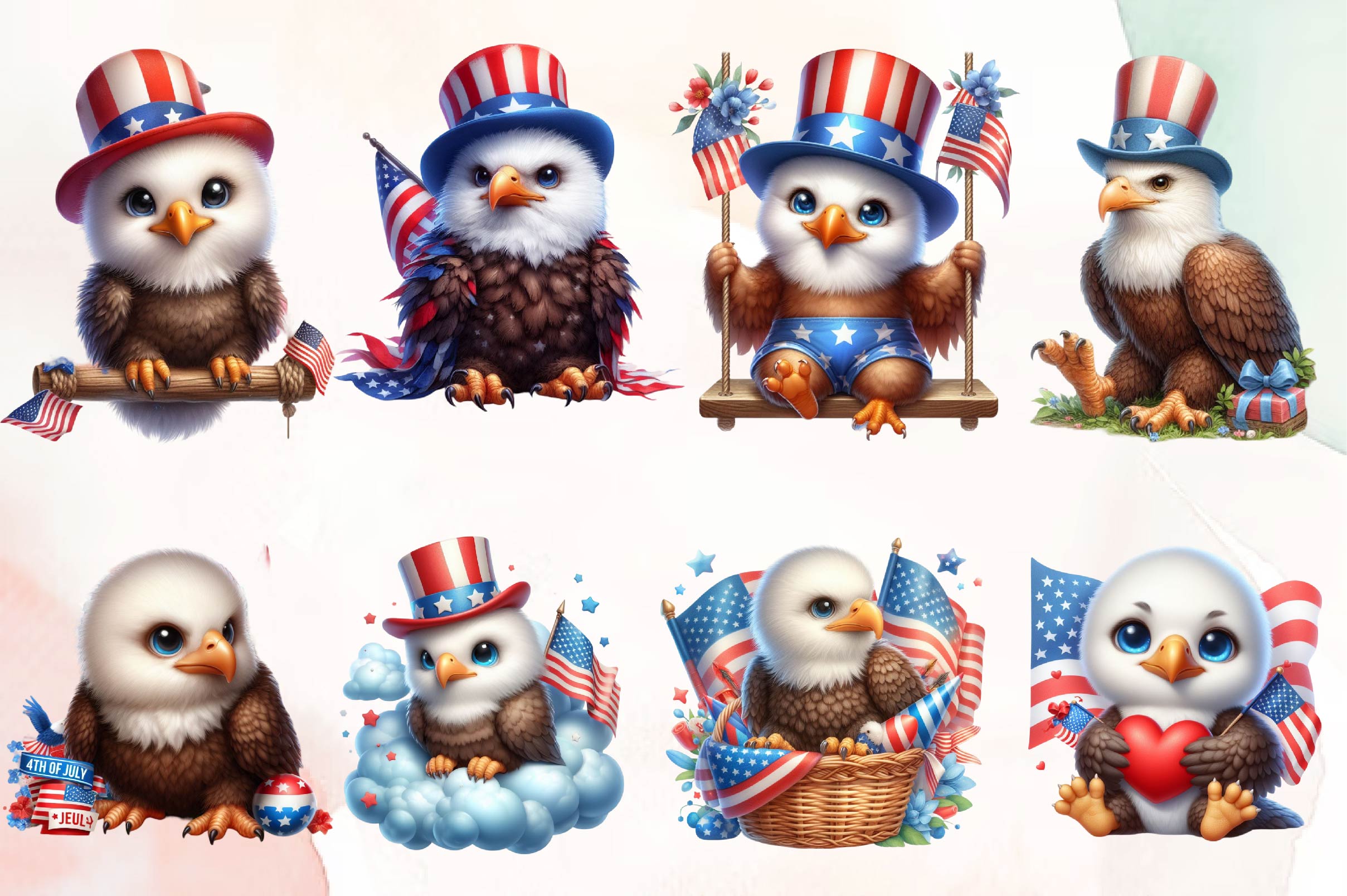 Cute Baby Bald Eagle 4th Of July Clipart Bundle