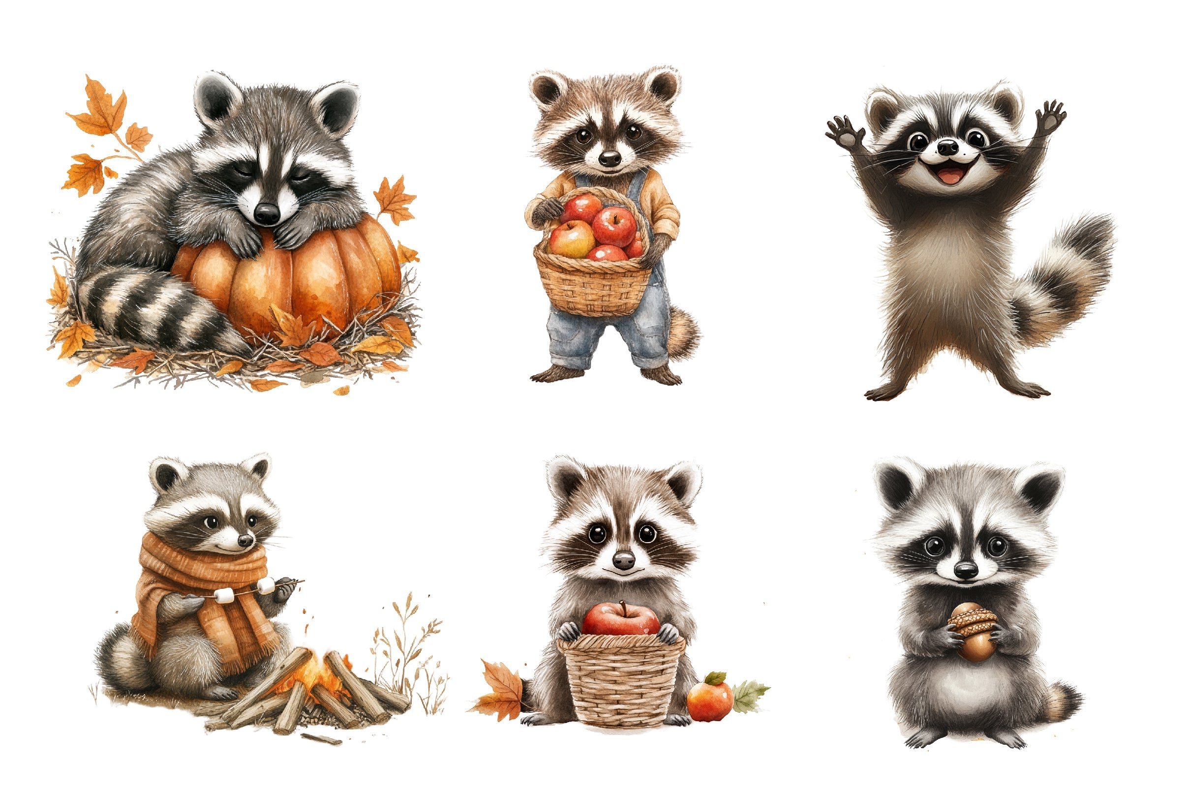 Autumn Raccoons Clipart Bundle
