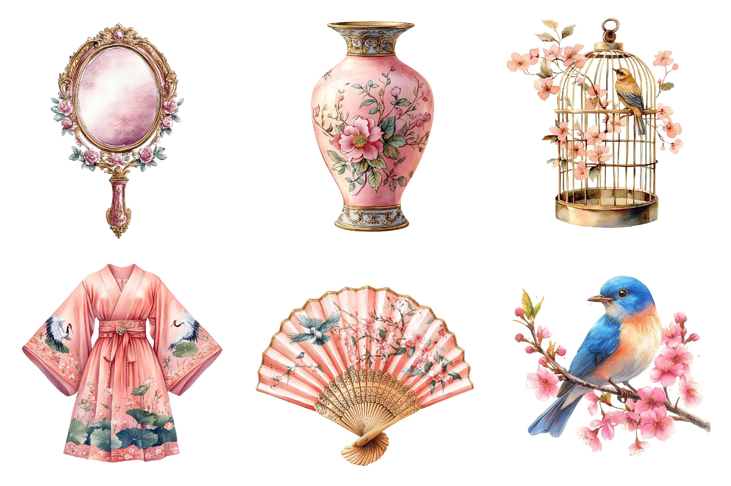 Pink Chinoiserie Summer Clipart Bundle
