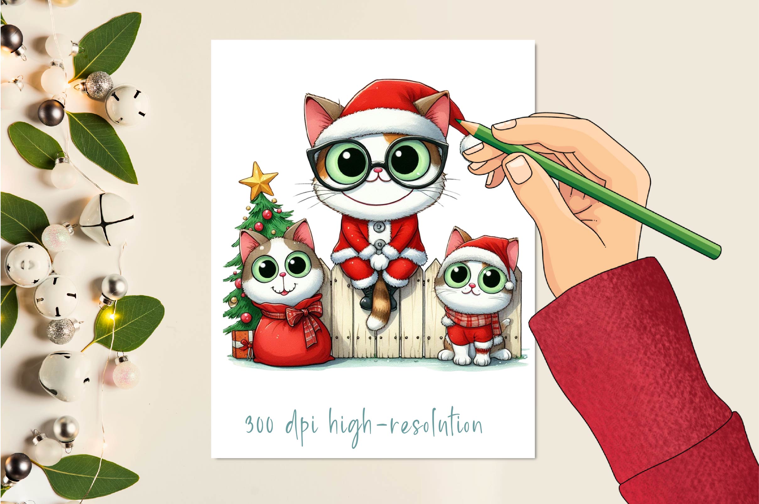 Christmas Cat On Fence Clipart Bundle