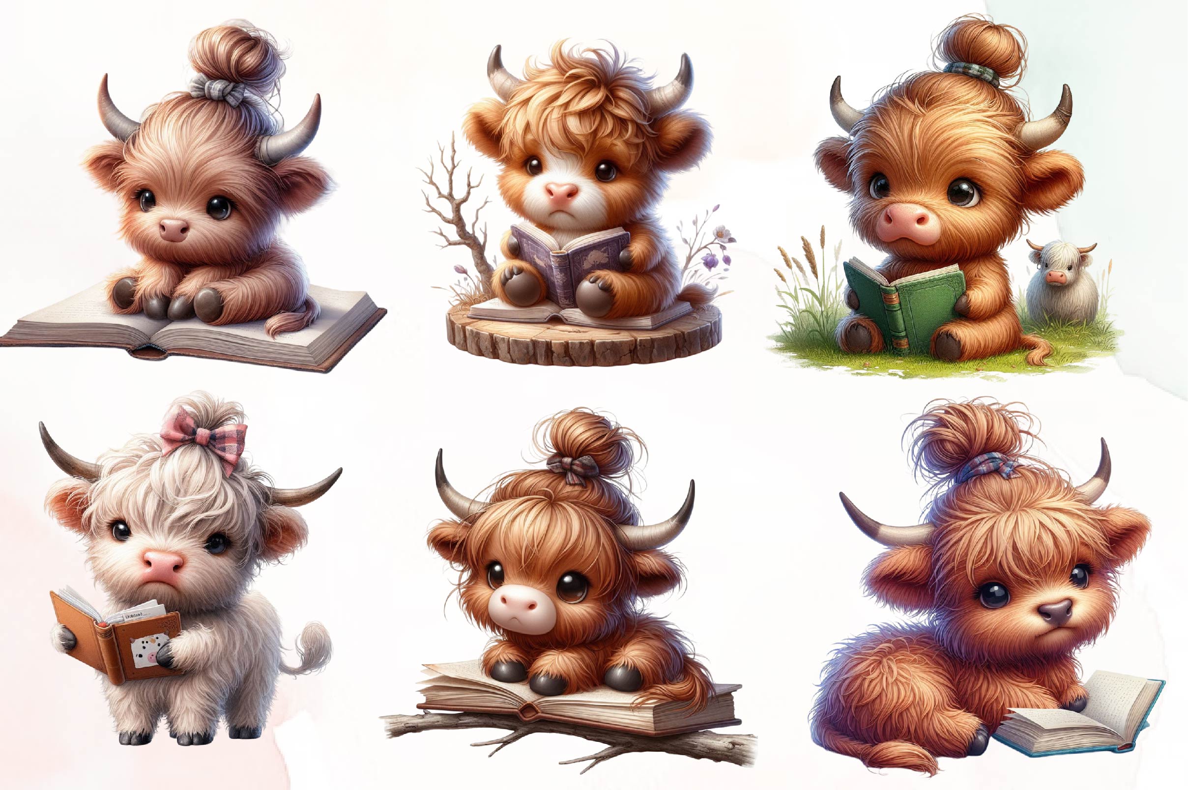 Highland Cow Reading A Book Clipart Bundle