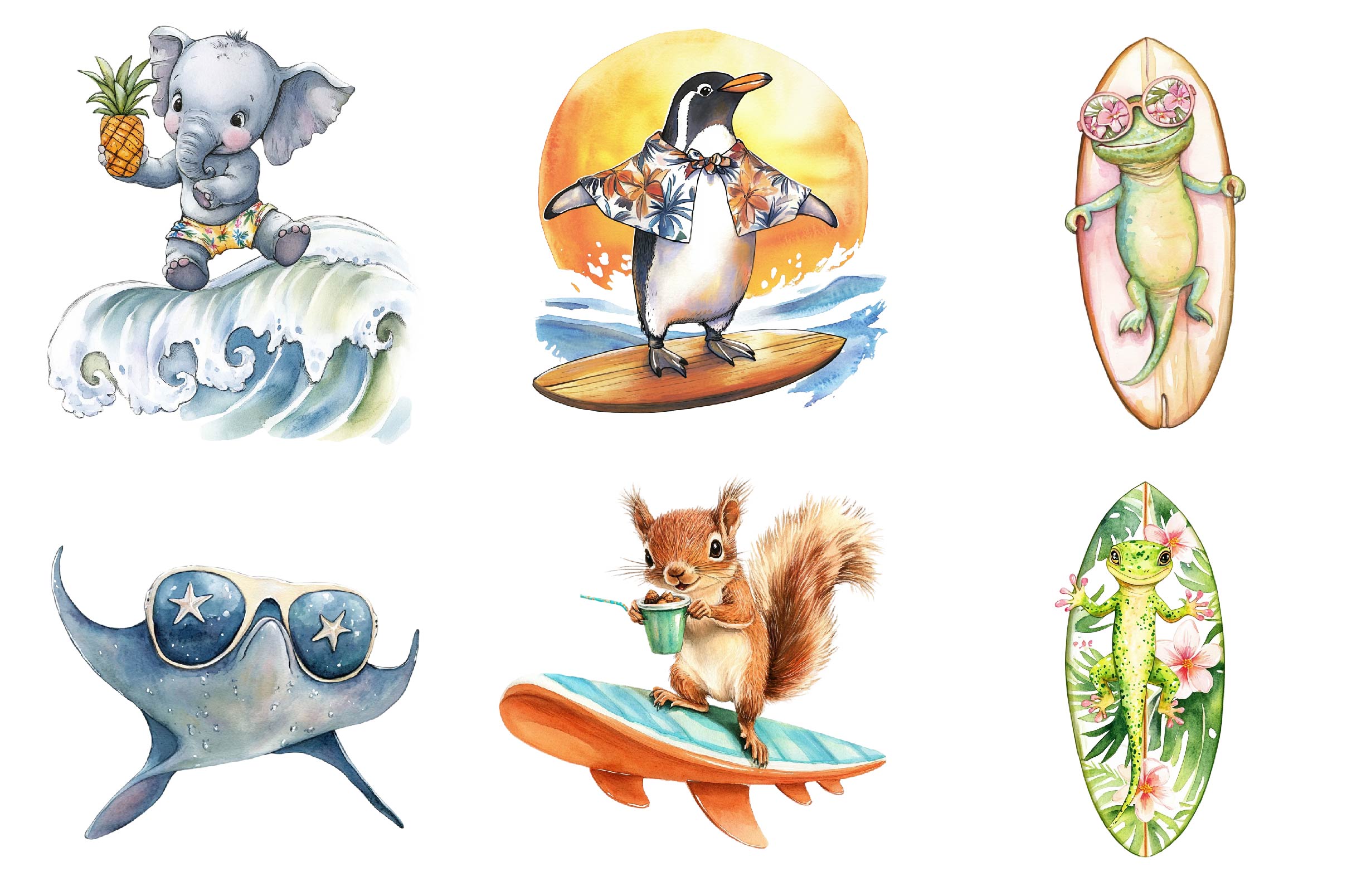 Retro Surfing Animals Clipart Bundle