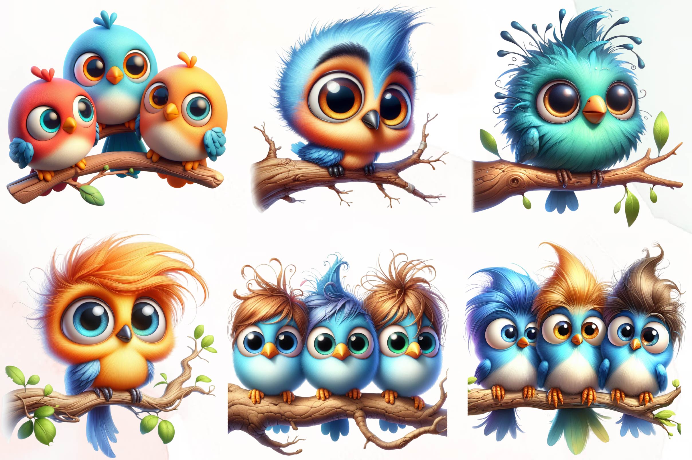 Funny Birds On Branch Clipart Bundle